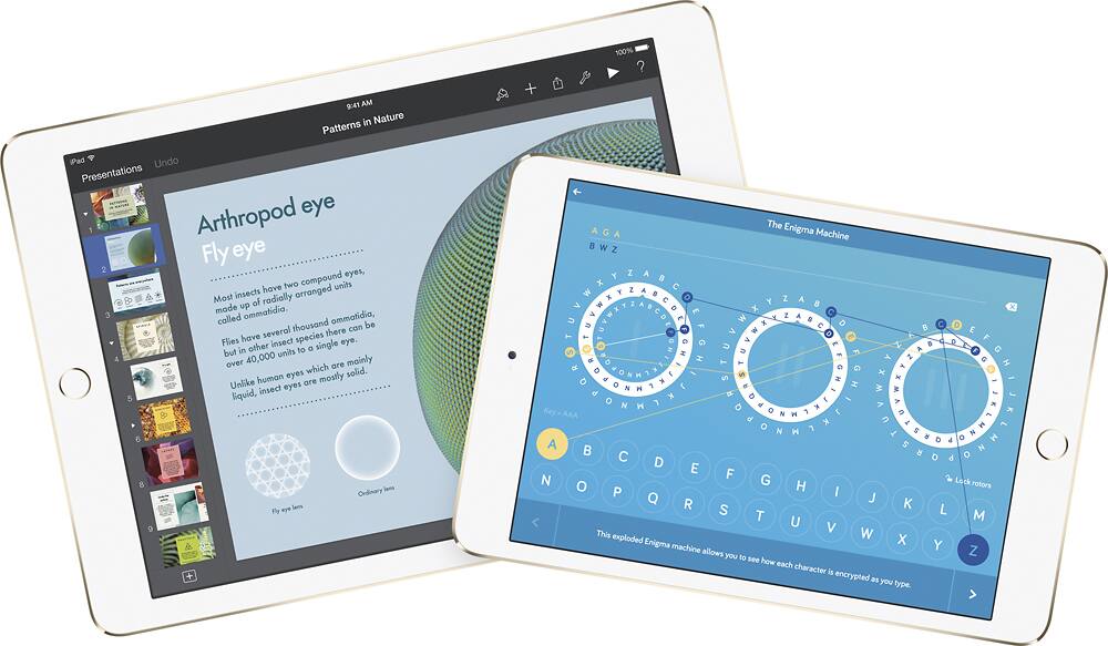 The image shows two iPads, one displaying a page about arthropod eyes and the other displaying an Enigma machine. The Enigma machine is an encryption device used during World War II, and the page about arthropod eyes explains the compound eyes of insects and their unique features. The image also includes a graphic about the Enigma machine, which is an encryption device used during World War II.