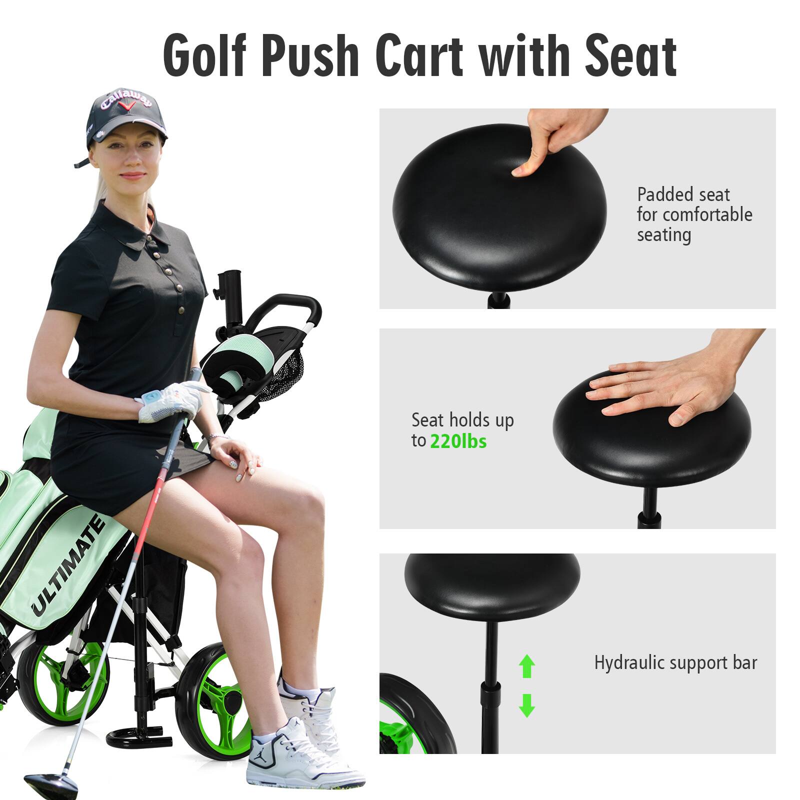 Golf Push Cart with Seat

- Padded seat for comfortable seating
- Seat holds up to 220lbs
- Hydraulic support bar