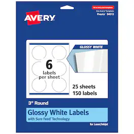 Avery - Round Labels with Sure Feed, 3" Diameter, 150 Glossy Labels - White