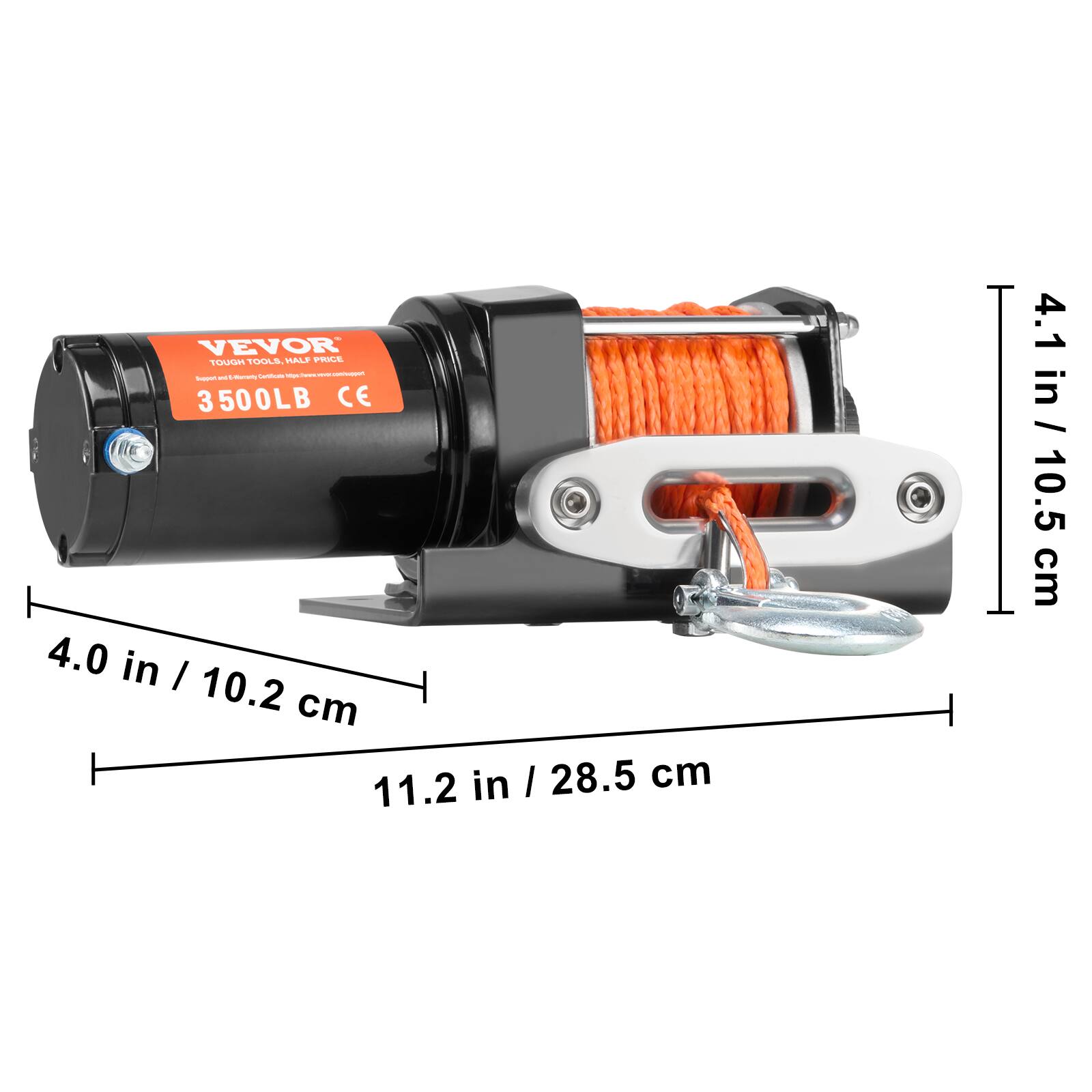 VEVOR  
TOUGH TOOLS, HALF PRICE  
3500LB CE  

4.0 in / 10.2 cm  
11.2 in / 28.5 cm  
4.1 in / 10.5 cm