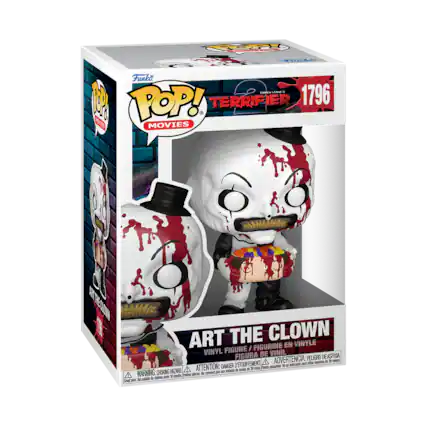 Sure, here is the corrected and grouped text from the image:
---
**Funko POP! MOVIES**
**TERRIFIER**
**1796**
**ART THE CLOWN**
**VINYL FIGURE / FIGURINE EN VINYLE / FIGURA DE VINIL**
**WARNING: CHOKING HAZARD.** Small parts. Not for children under 3 years. **ATTENTION: DANGER D'ÉTOUFFEMENT.** Petites pièces. Ne convient pas aux enfants de moins de 3 ans.
**ADVERTENCIA: PELIGRO DE ASFIXIA.** Pequeñas piezas. No es adecuado para niños menores de 3 años.
---
This text is organized to reflect the information on the packaging.