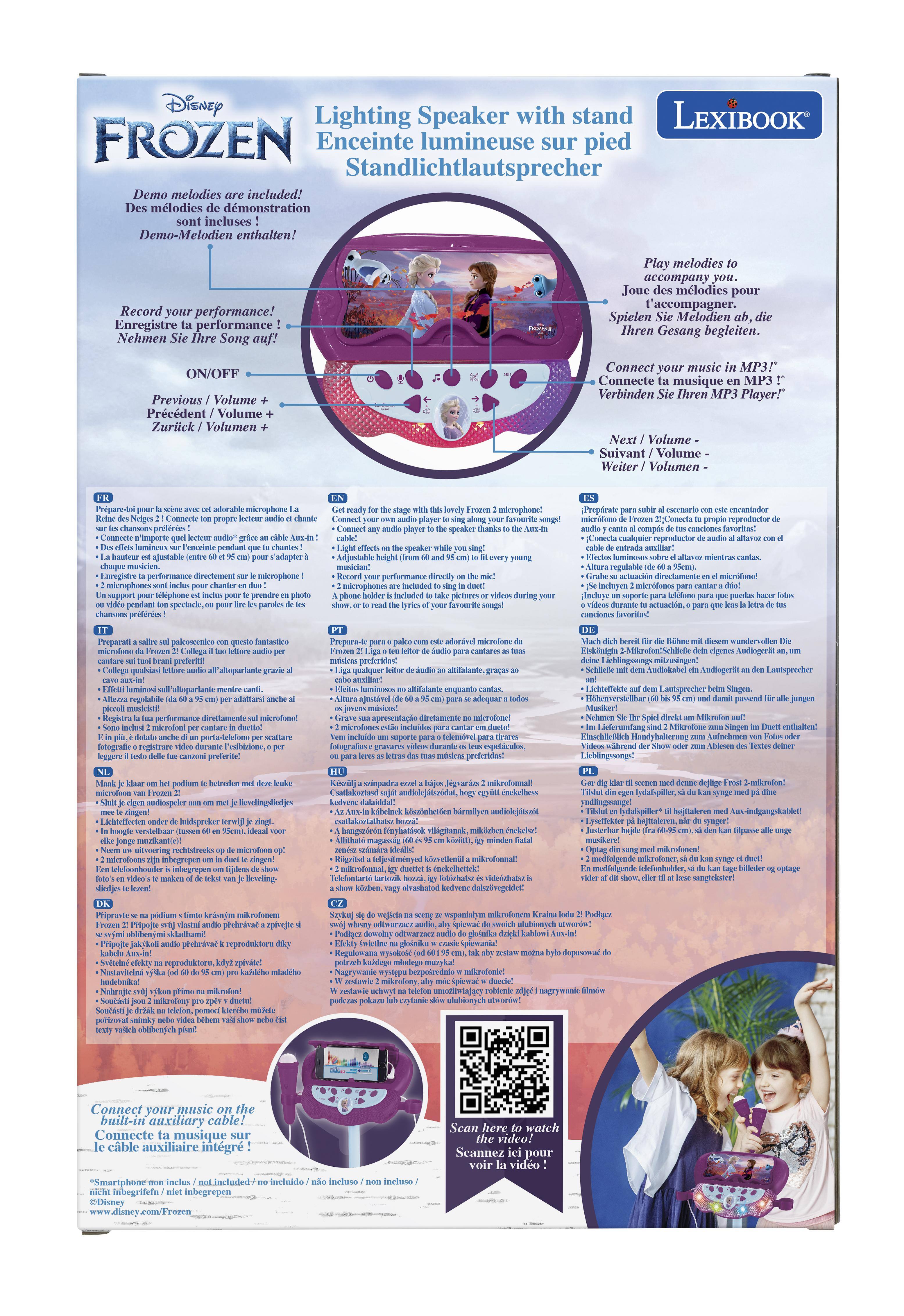 Lighting Speaker with stand  
Enceinte lumineuse sur pied  
Standlichtlautsprecher  

Demo melodies included!  
Des mélodies de démonstration sont incluses !  
Demo-Melodien enthalten!  

Record your performance!  
Enregistre ta performance !  
Nehmen Sie Ihre Song auf!  

Play melodies to accompany you.  
Joue des mélodies pour t'accompagner.  
Spielen Sie Melodien ab, die Ihren Gesang begleiten.  

Connect your music in MP3!  
Connecte ta musique en MP3 !  
Verbinden Sie Ihren MP3 Player!  

ON/OFF  
Previous / Volume +  
Précédent / Volume +  
Zurück / Volume +  
Next / Volume -  
Suivant / Volume -  
Weiter / Volume -  

Connect your music on the built-in auxiliary cable!  
Le Connecte ta musique sur le câble auxiliaire intégré !  
Verbinde Ihre Musik über den integrierten Aux-Kabel!  

"Smartphone non inclus" / "not included" / "non inclus" / "não incluido" / "non inclus" / "non inclus"  

www.dis