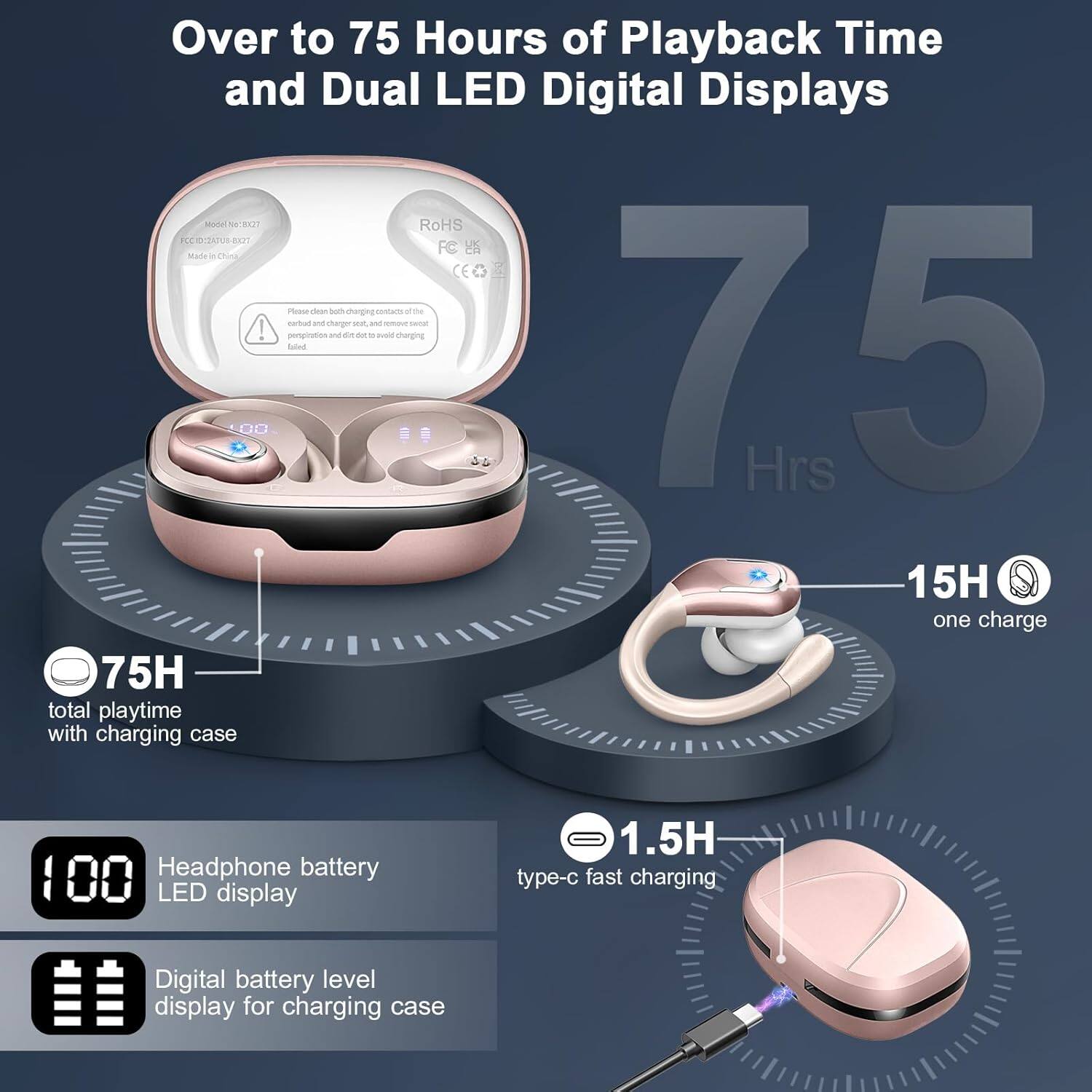 Over to 75 Hours of Playback Time and Dual LED Digital Displays

Model: 1808121
RoHS
FC
Made in China
CE

Please clean both charging contacts of the carbed and charger seat, and do not move sweat! perspiration and dirt to avoid charging failed

75 Hrs
15H one charge
75H total playtime with charging case

Headphone battery LED display
1.5H type-c fast charging
Digital battery level display for charging case