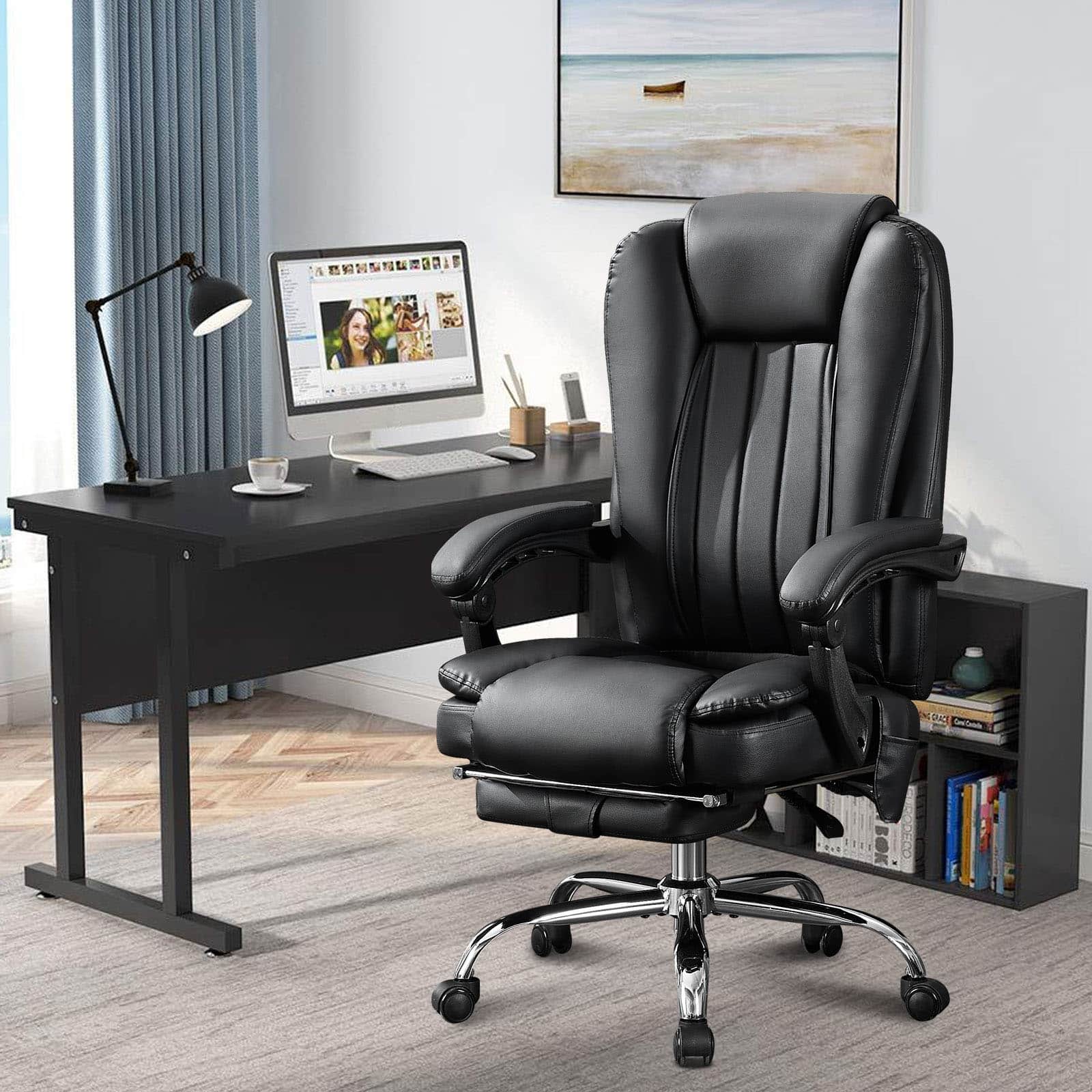 Alt View 6. Ecooso - Massage Office Chair ,Executive Office Chair with Foot Rest and Padded Armrests,Reclining Backrest and Wheels - Black.