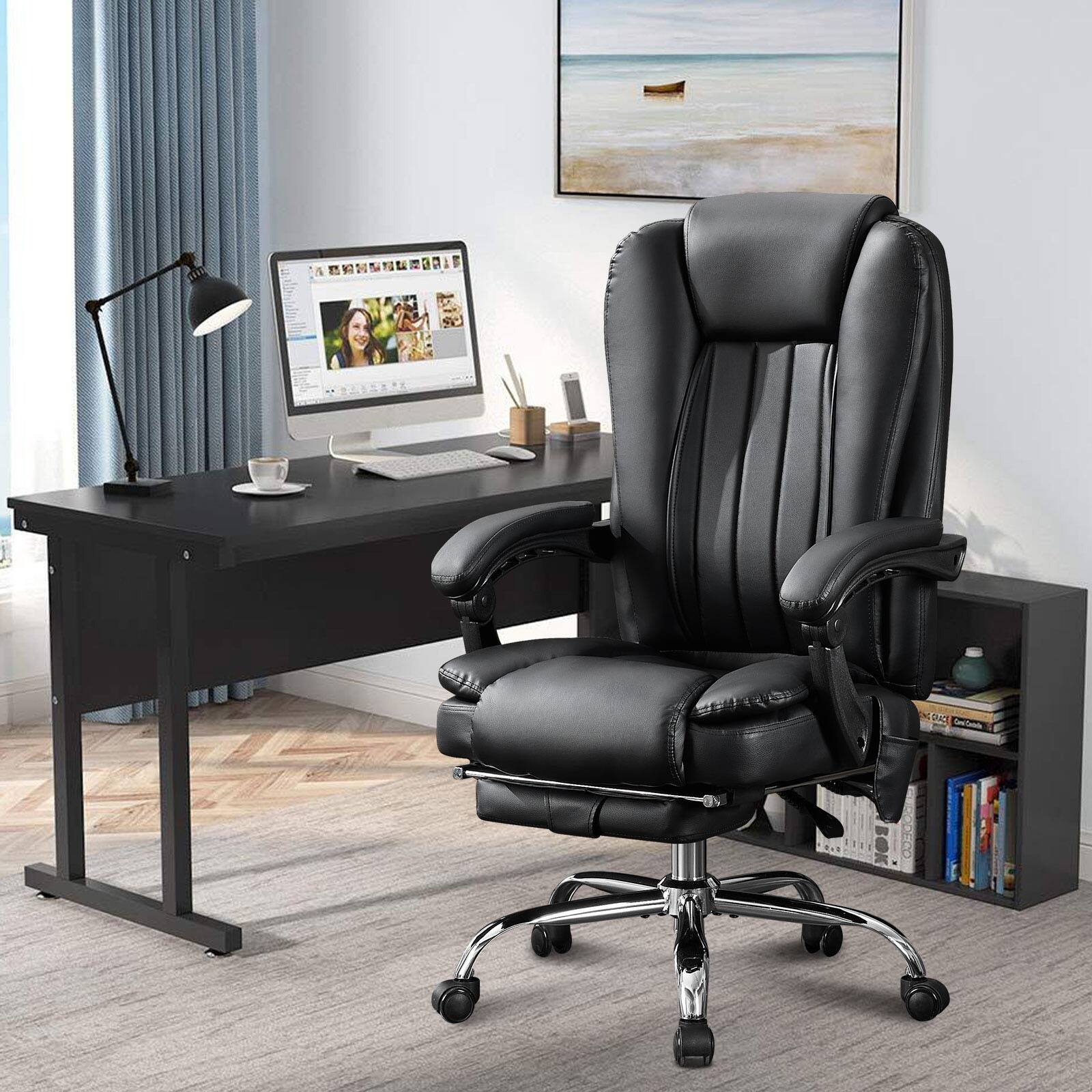 Alt View 6. Ecooso - Massage Office Chair ,Executive Office Chair with Foot Rest and Padded Armrests,Reclining Backrest and Wheels - Black.