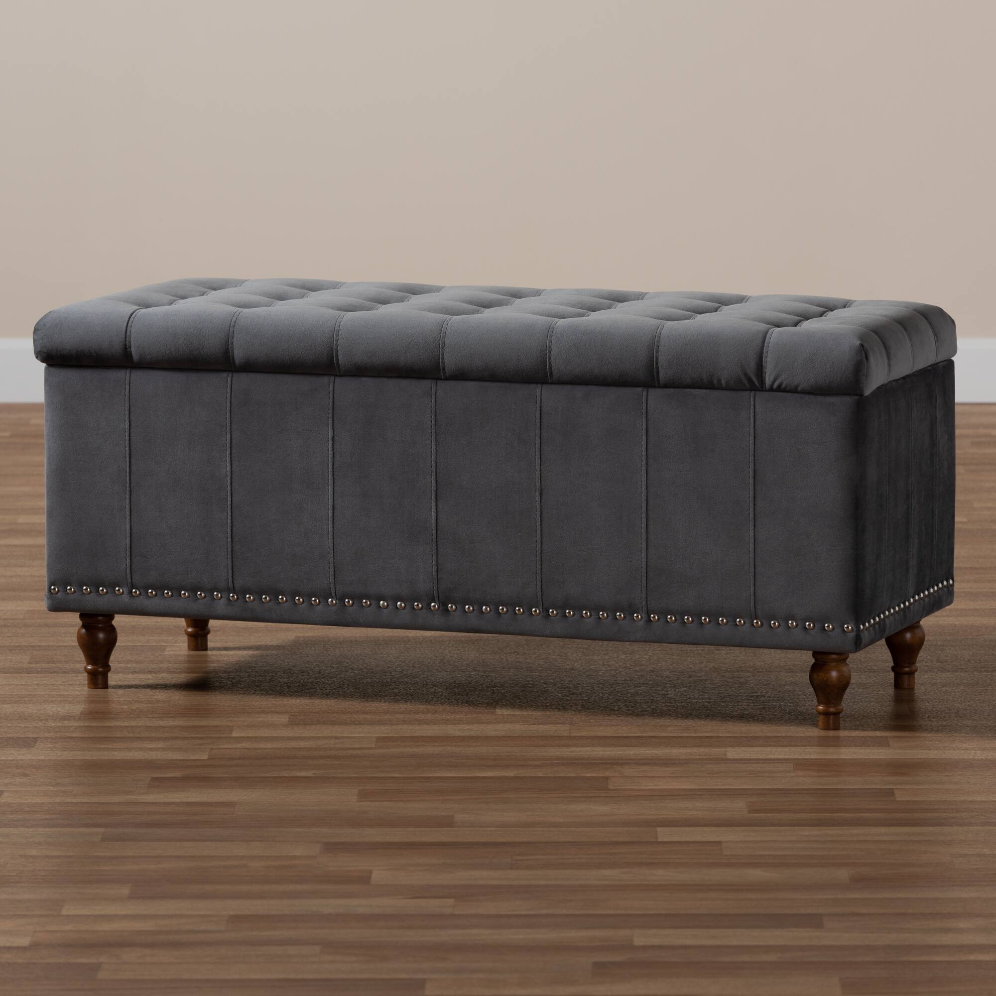 Alt View 6. Baxton Studio - Kaylee Modern and Contemporary Velvet Fabric Upholstered Button-Tufted Storage Ottoman Bench - Grey/Brown.