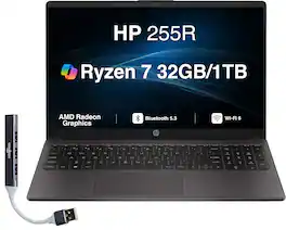 HP - Upgraded - 255R Laptop 15.6 FHD Display (Ryzen 7 7735U, 32GB, 1TB SSD, AMD Radeon, WiFi 6, Webcam, Win 11 Pro) w/USB Hub - Black