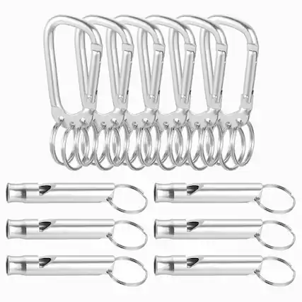 Front. Unique Bargains - 3.5" Aluminum Clasp Clips, 6pcs D Shape Spring Snap Hook Buckle Keychain w/ 6 Whistles & 18 Rings for Backpack - Silver.