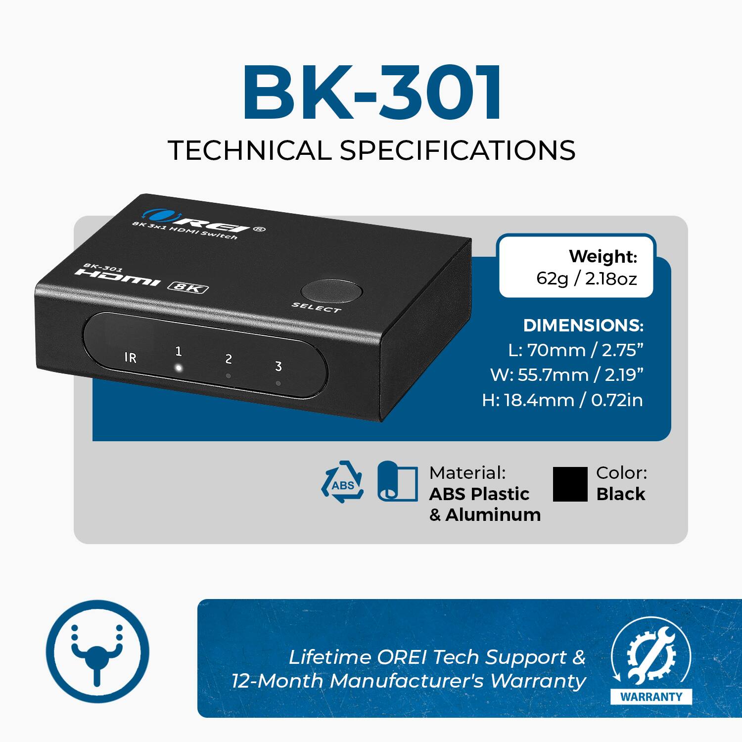 Orei 8K 3 port HDMI™ Switch (BK 301) Black & Blue BK-301 - Best Buy
