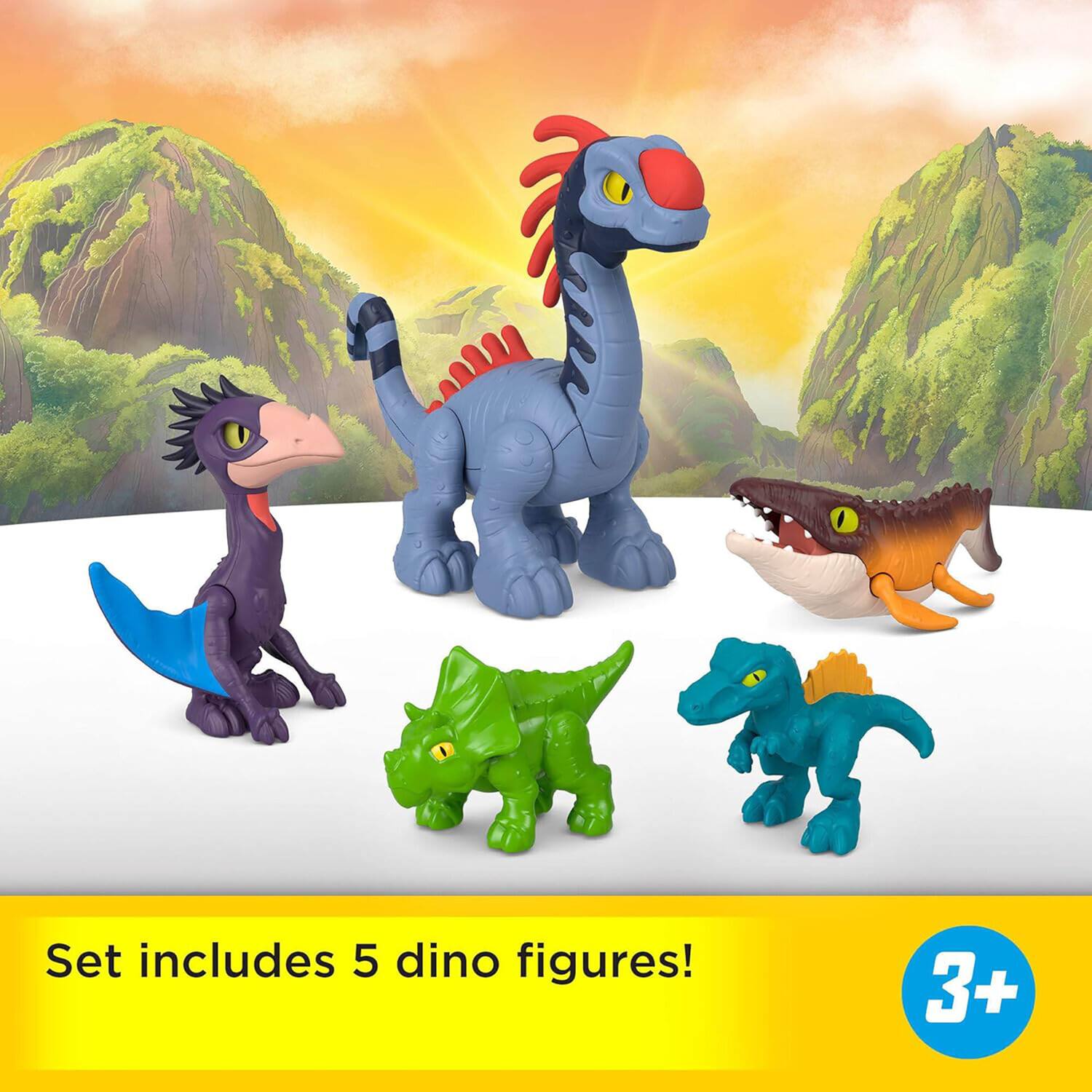 Set includes 5 dino figures!  
3+