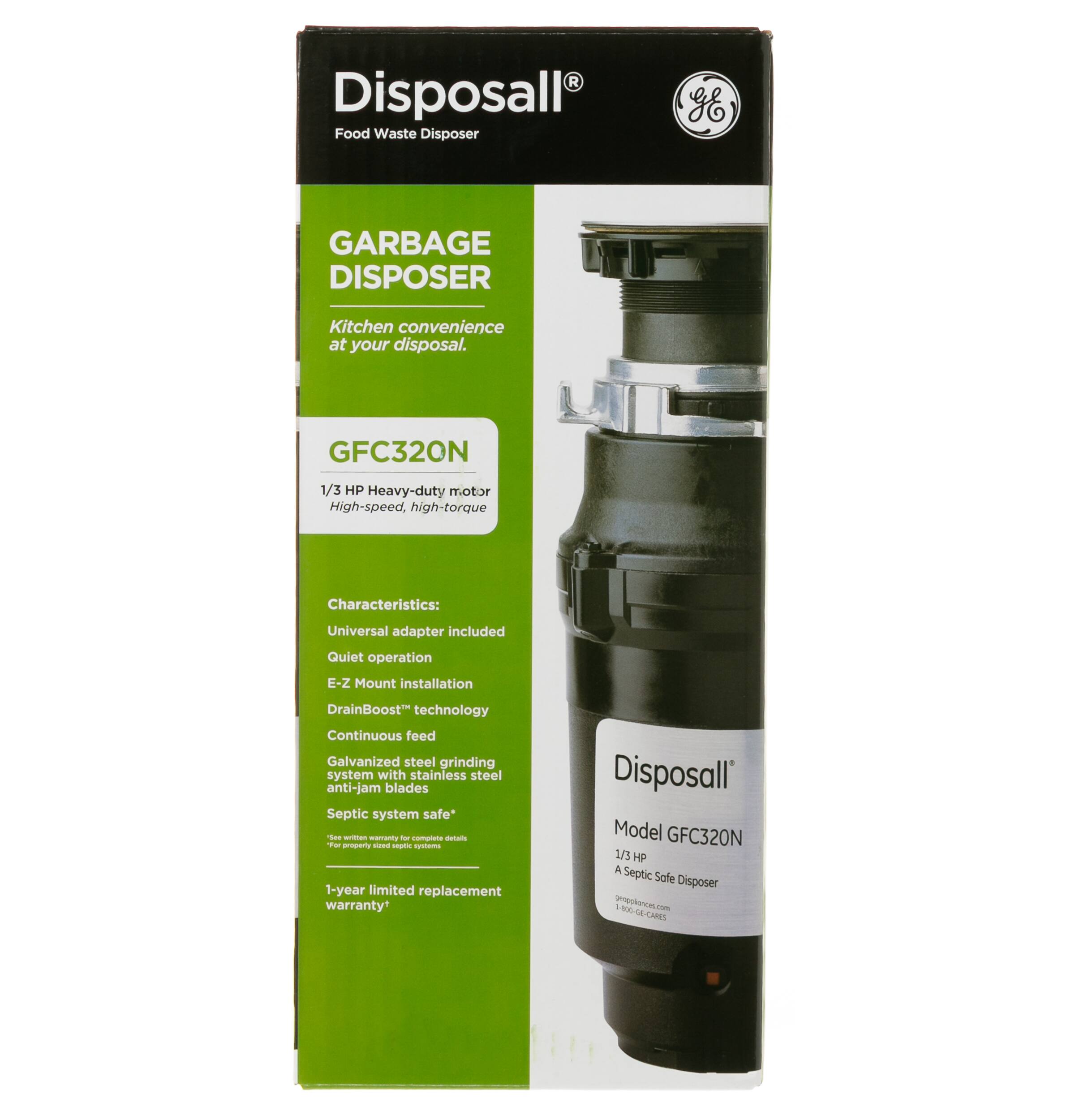 Disposall Food Waste Disposer GFC320N 1/3 HP Heavy-duty motor High-speed, high-torque Characteristics: Universal adapter included Quiet operation E-Z Mount installation DrainBoost technology Continuous feed Galvanized steel grinding system with stainless steel anti-jam blades Septic system safe* -- - maan - - cotars Tar pmopriy - - systems 1-year imited replacement warranty' Disposall' Model GFC320N 1/3 HP A Septic Sofe Disposer notintotse Le  TAM