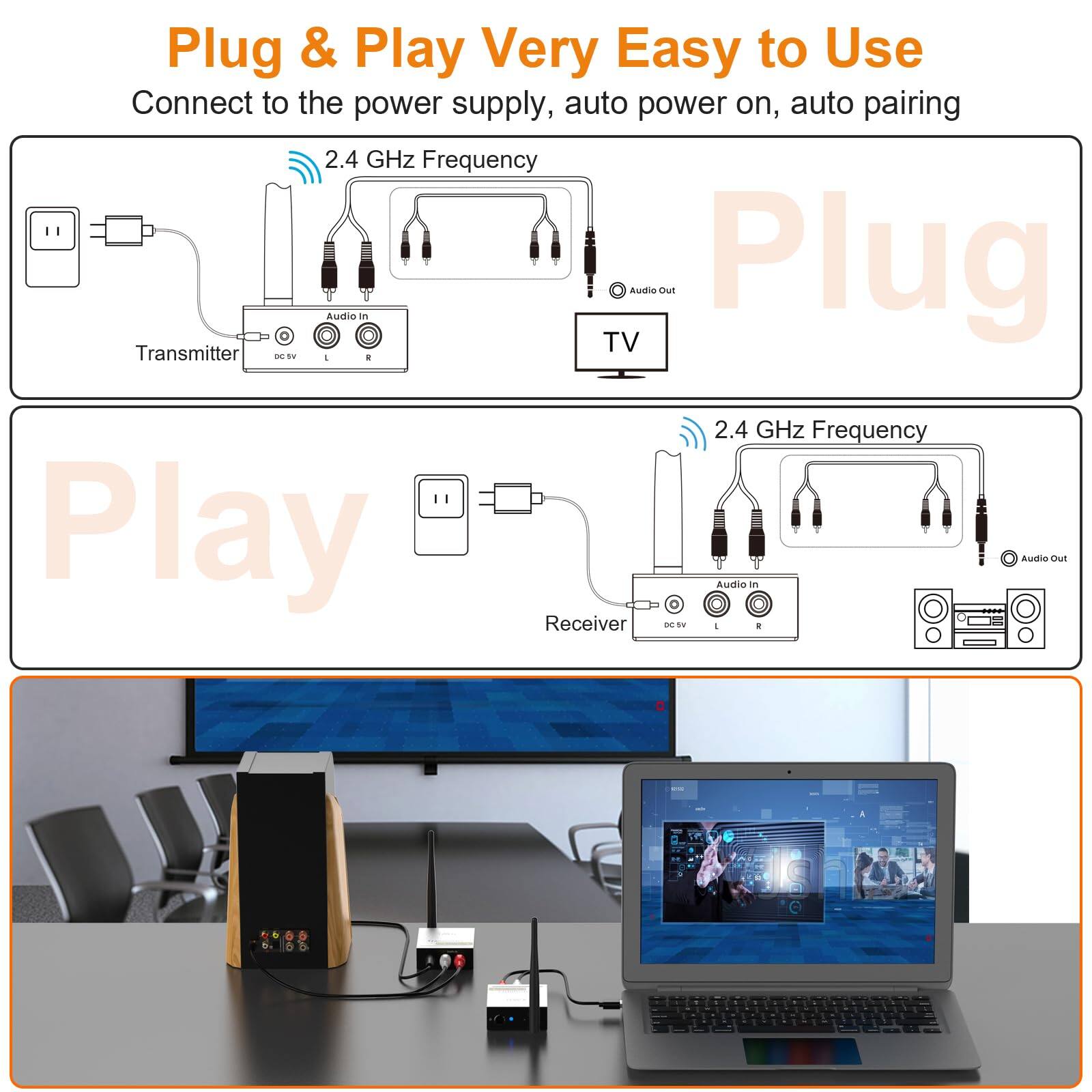 Plug & Play Very Easy to Use  
Connect to the power supply, auto power on, auto pairing  

2.4 GHz Frequency  
Transmitter  
Audio in  
DC 5V  
L  
R  

2.4 GHz Frequency  
Receiver  
Audio in  
DC 5V  
L  
R  
Audio Out  

TV  
Audio Out