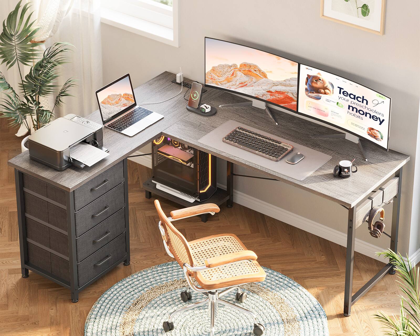 AODK Reversible L Shaped Desk with 4 Tier Drawers, Power Outlets