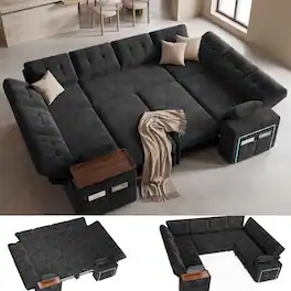 Dyonery - 8 Seat Modular Sectional Sleeper Sofa,Pull-Out Bed, Reclining Backrest, USB Ports, Side Table, Black - Black