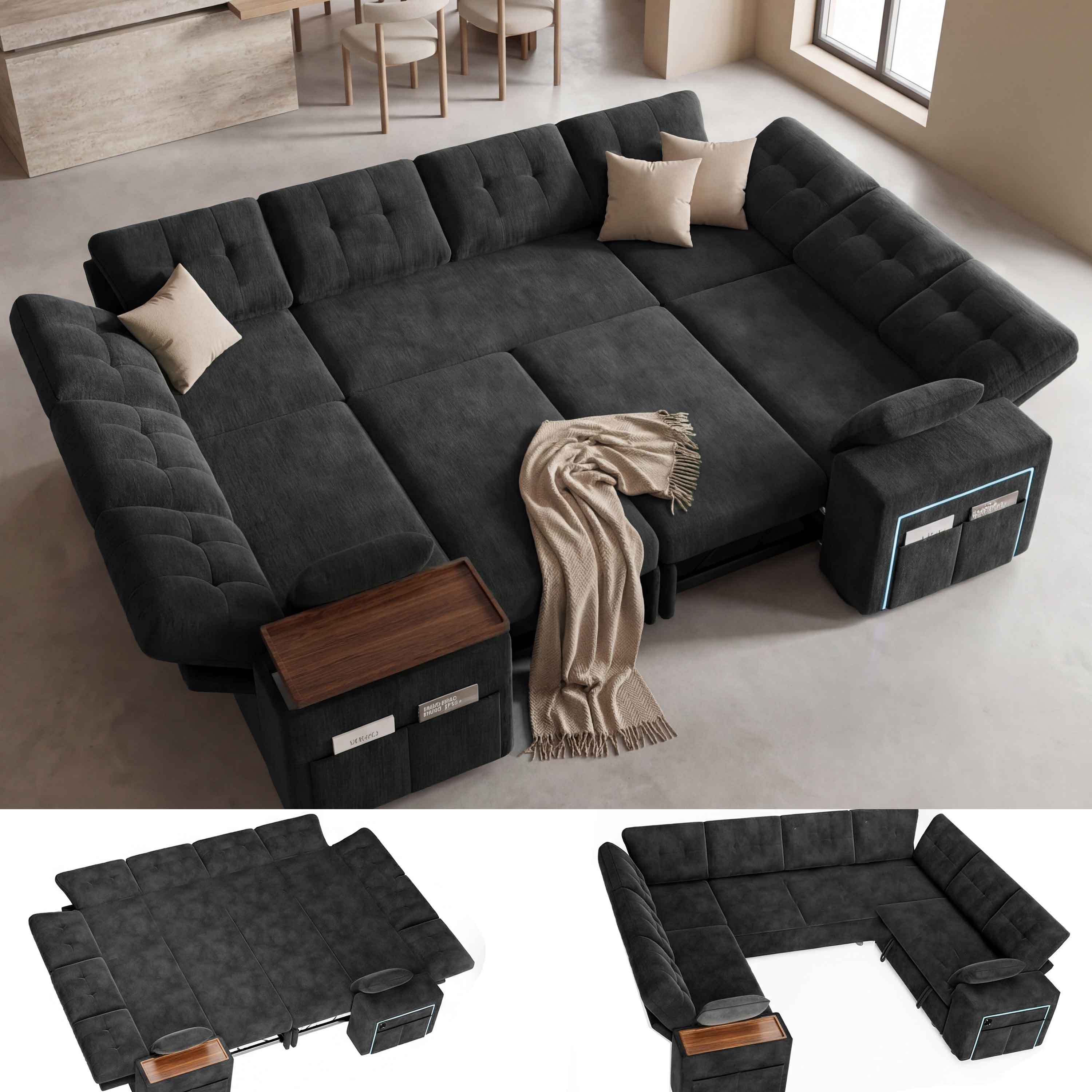 Dyonery - 8 Seat Modular Sectional Sleeper Sofa,Pull-Out Bed, Reclining Backrest, USB Ports, Side Table, Black - Black