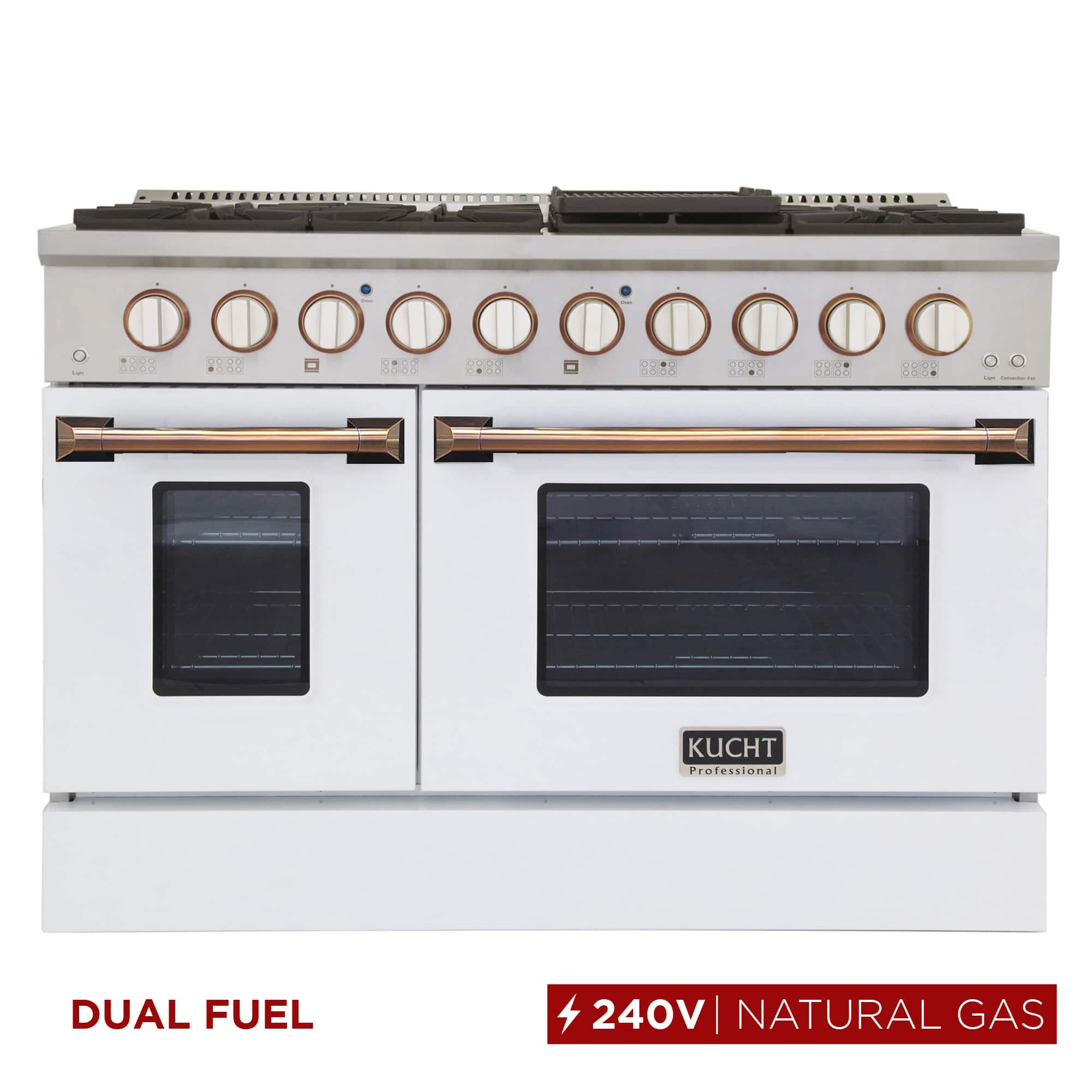 Kucht - 48" Dual Fuel Range for NG, SS/White Door, White Knobs, Gold Handle & Rings, 2 Ovens (1 Convection) - White & Gold