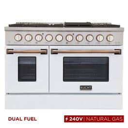 Kucht - 48" Dual Fuel Range for NG, SS/White Door, White Knobs, Gold Handle & Rings, 2 Ovens (1 Convection) - White & Gold