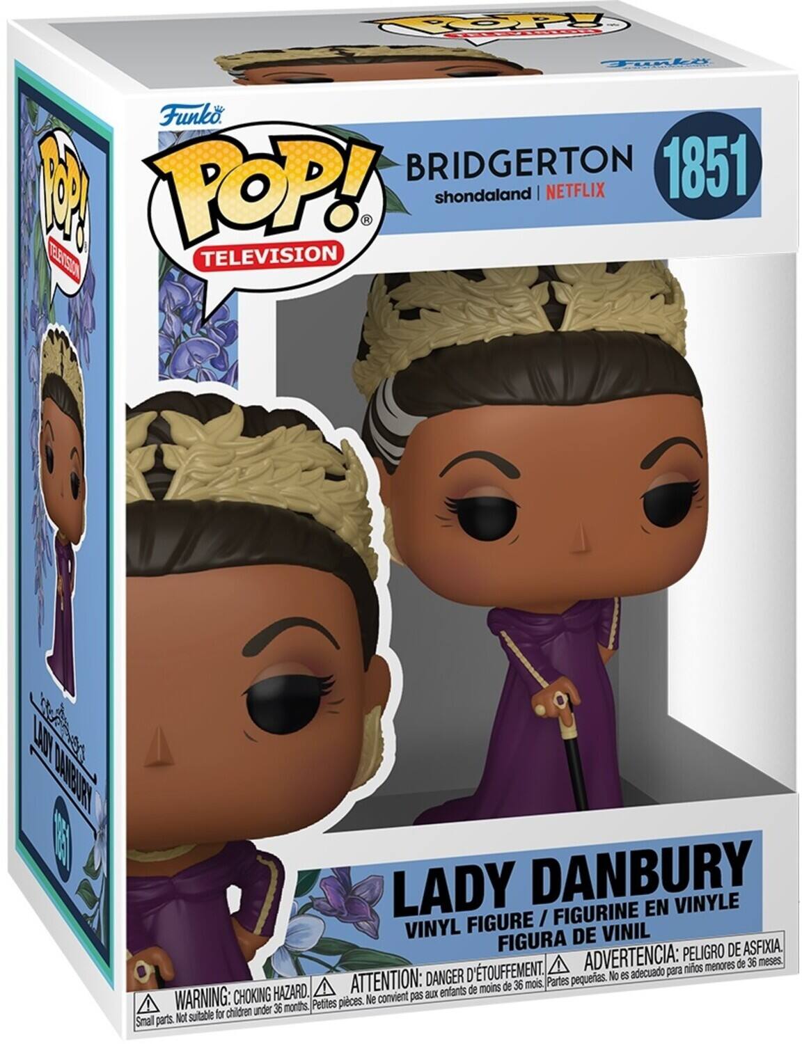 Funko POP! TELEVISION  
BRIDGERTON 1851  
shondaland | NETFLIX  

LADY DANBURY  
VINYL FIGURE / FIGURINE EN VINYLE / FIGURA DE VINIL  

WARNING: CHOKING HAZARD.  
ATTENTION: DANGER D'ÉTOUFFEMENT.  
ADVERTENCIA: PELIGRO DE ASFIXIA.  
D'TOUFFEMENT.  
ADVERTENCIA: nios menores de 36 meses.  
DANGER No es adecuado para ATTENTION: de 36 mois.  
Partes pequeas. HAZARD.  
enfants de moins WARNING: CHOKING convient pas aux Petites pieces. Ne  
for children under 36 months. Small parts. Not suitable