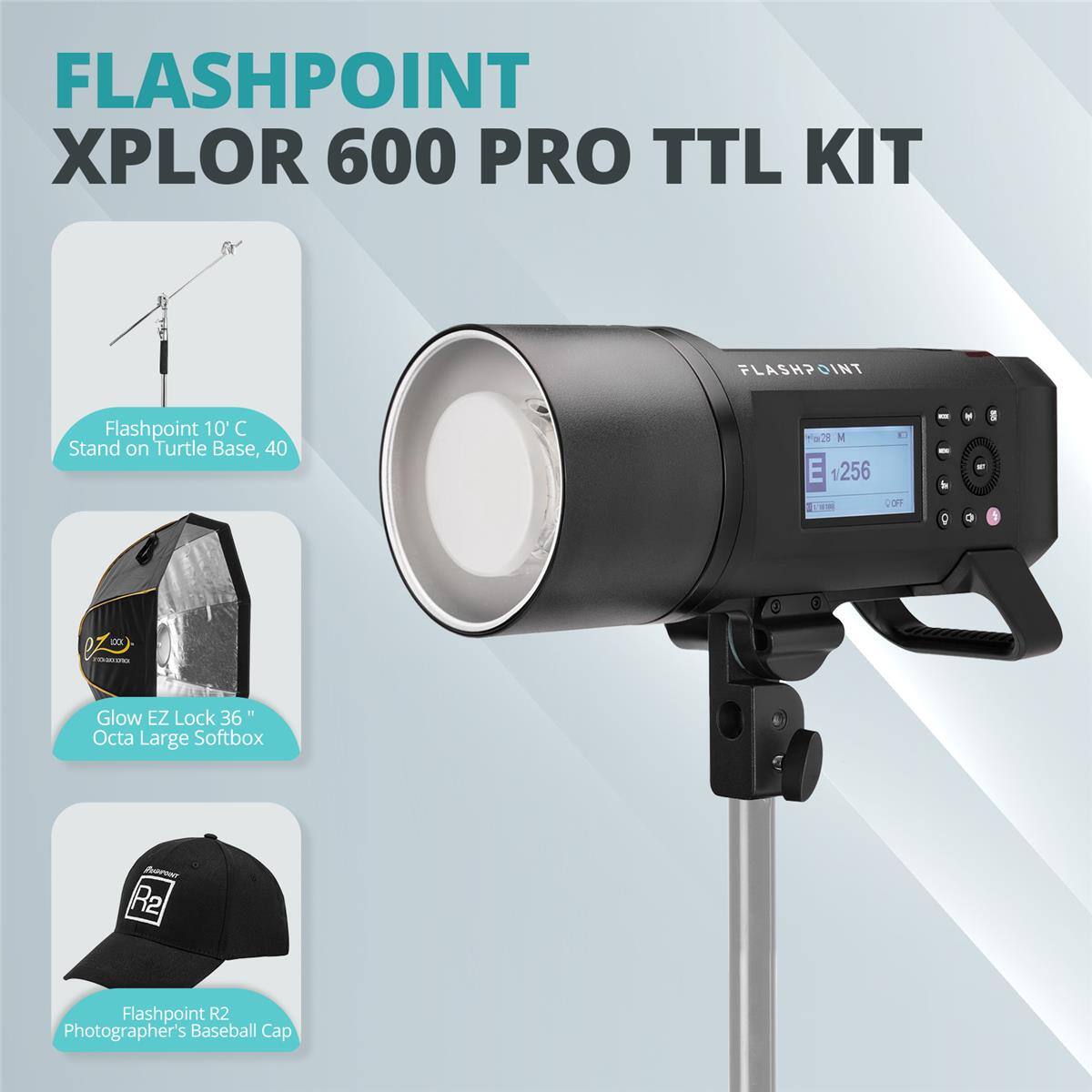 FLASHPOINT XPLOR 600 PRO TTL KIT

- Flashpoint 10' C Stand on Turtle Base, 40
- Glow EZ Lock 36" Octa Large Softbox
- Flashpoint R2 Photographer's Baseball Cap