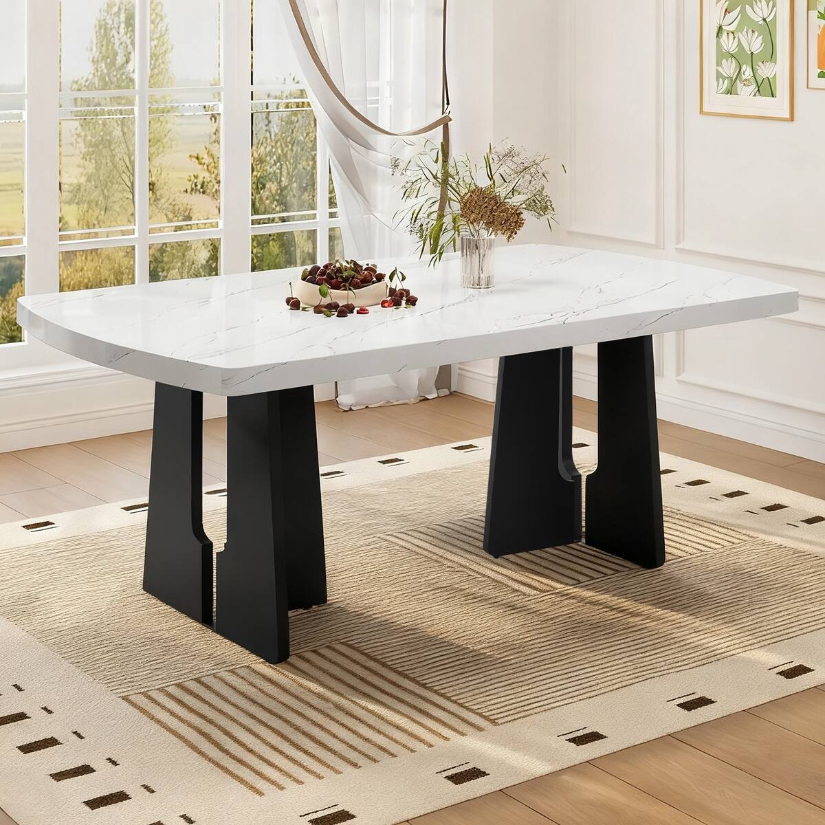 Loheer 63 inch rectangular dining table with black and white faux ...