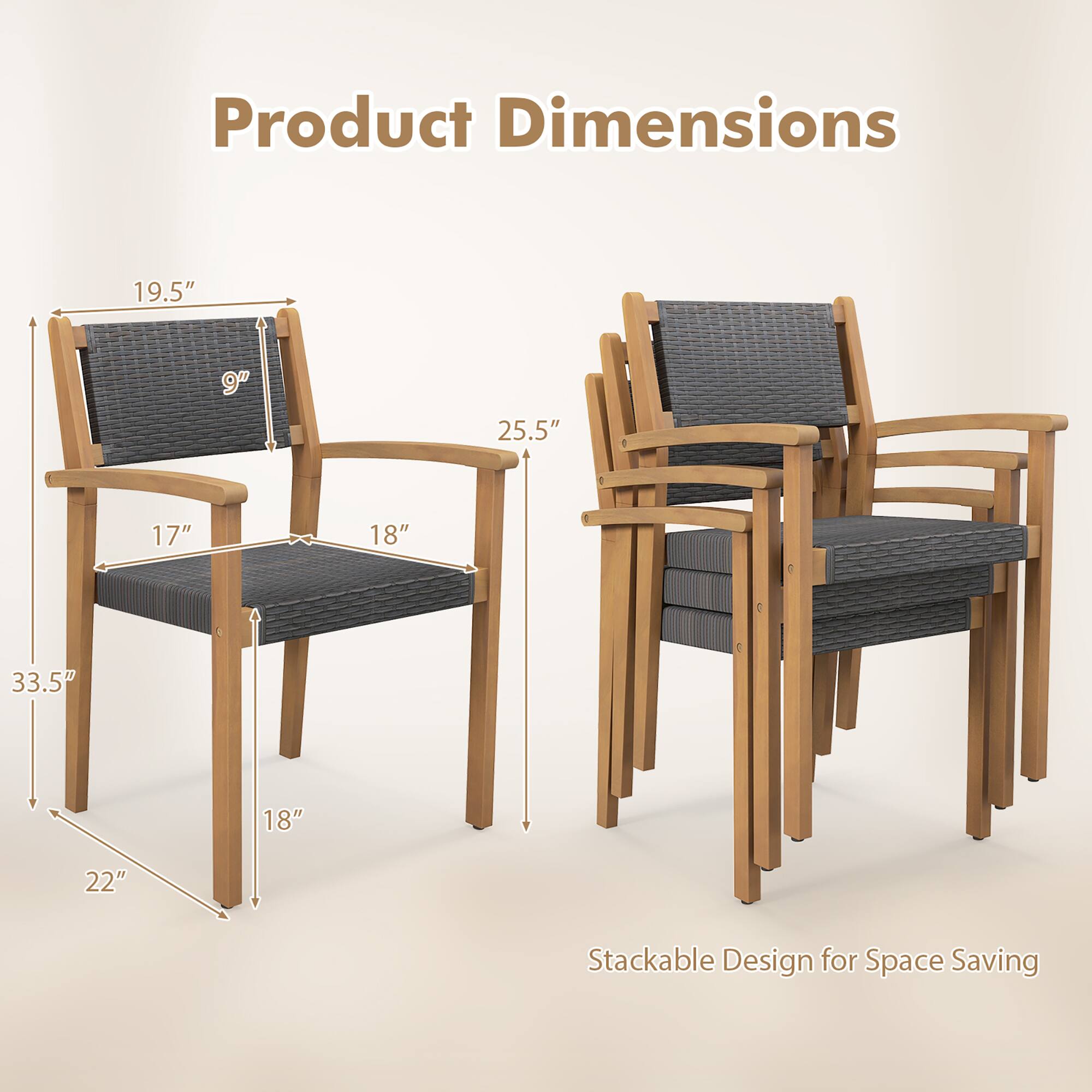 Product Dimensions

- Height: 19.5"
- Width: 25.5"
- Depth: 33.5"
- Seat Height: 18"
- Seat Depth: 17"
- Armrest Height: 9"
- Armrest Width: 18"
- Overall Width: 22"

Stackable Design for Space Saving