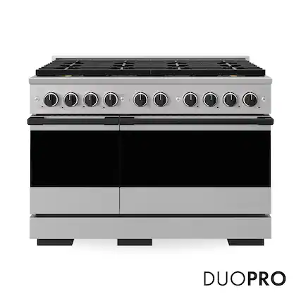 Front. ZLINE - Autograph 48 in. 6.7 cu. ft. Double Oven Marino Freestanding DuoPro Gas Range with Convection Oven & Matte Black Accents - Stainless Steel.