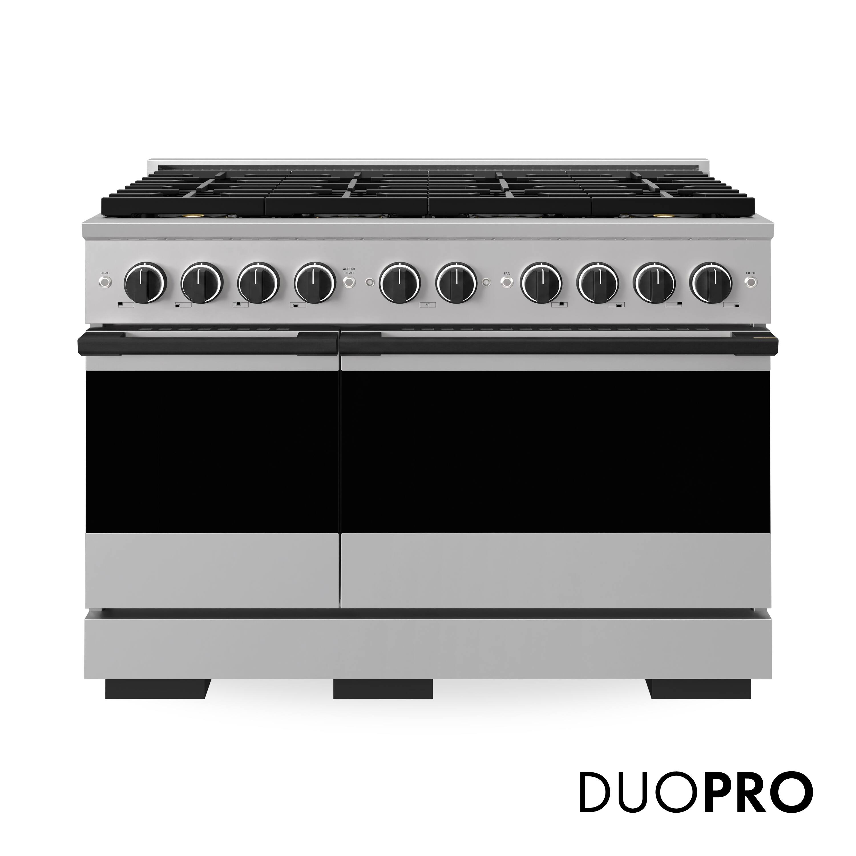 Front. ZLINE - Autograph 48 in. 6.7 cu. ft. Double Oven Marino Freestanding DuoPro Gas Range with Convection Oven & Matte Black Accents - Stainless Steel.