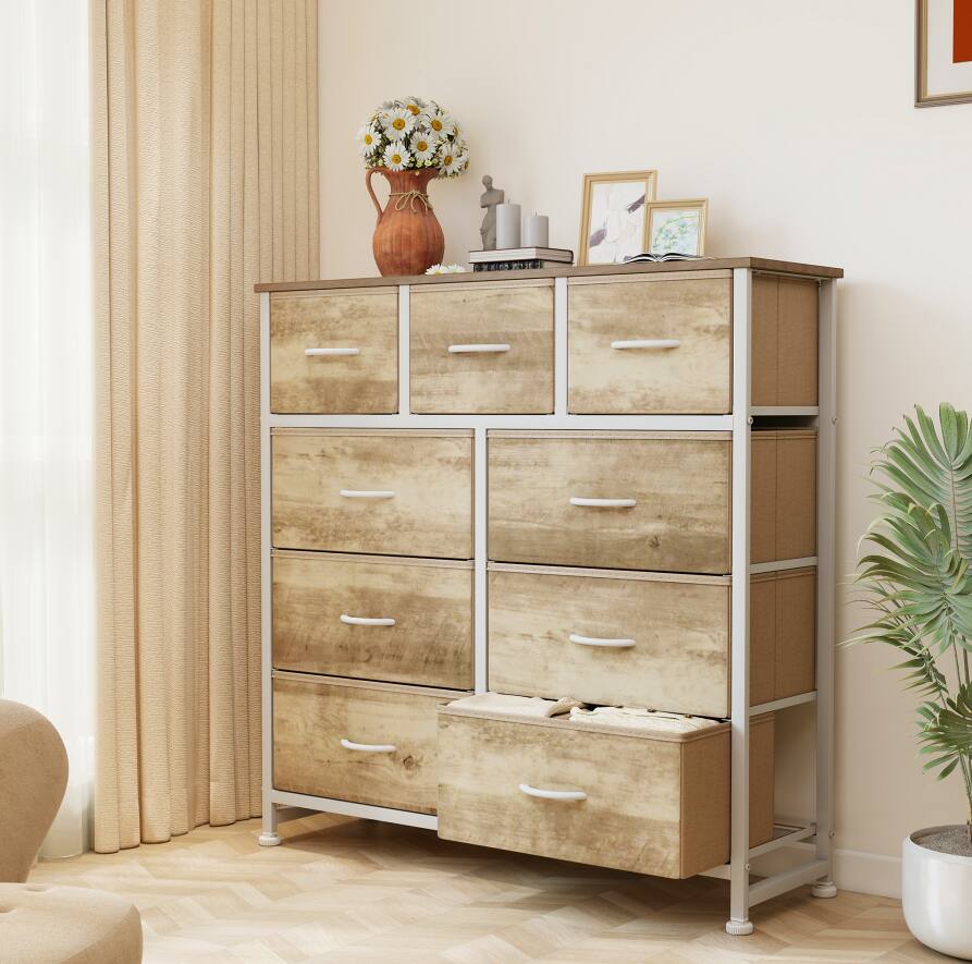 Front. AENKYO - 9 Drawers Tall Dresser Fabric Storage Tower Clothing Organizer for Kid Room, Closet, Entryway - Oak.