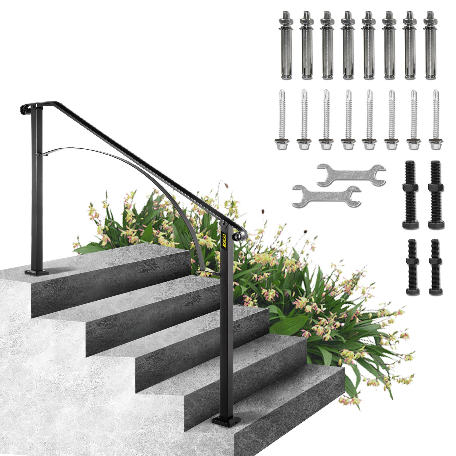 VEVOR - Handrails for Outdoor Steps, Fit 4 or 5 Steps Outdoor Stair Railing, Arch 4 Wrought Iron Handrail - Black