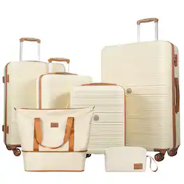 Travelhouse - 6‑Piece Hardshell Luggage Set, Striped Lightweight Suitcases with TSA Lock, 360°Spinner Wheels, Duffle & Toiletry Bags - White