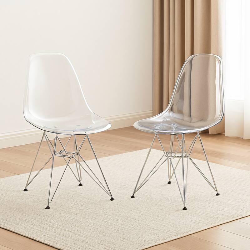 Angle. LeisureMod - Cresco 2-Pieces Acrylic Dining Chair with Curved Back and Chrome Eiffel Legs - Clear.