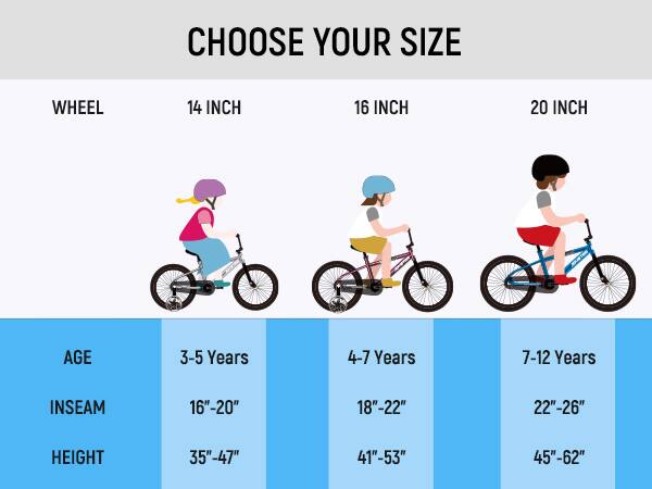 CHOOSE YOUR SIZE

WHEEL
- 14 INCH
- 16 INCH
- 20 INCH

AGE
- 3-5 Years
- 4-7 Years
- 7-12 Years

INSEAM
- 16"-20"
- 18"-22"
- 22"-26"

HEIGHT
- 35"-47"
- 41"-53"
- 45"-62"