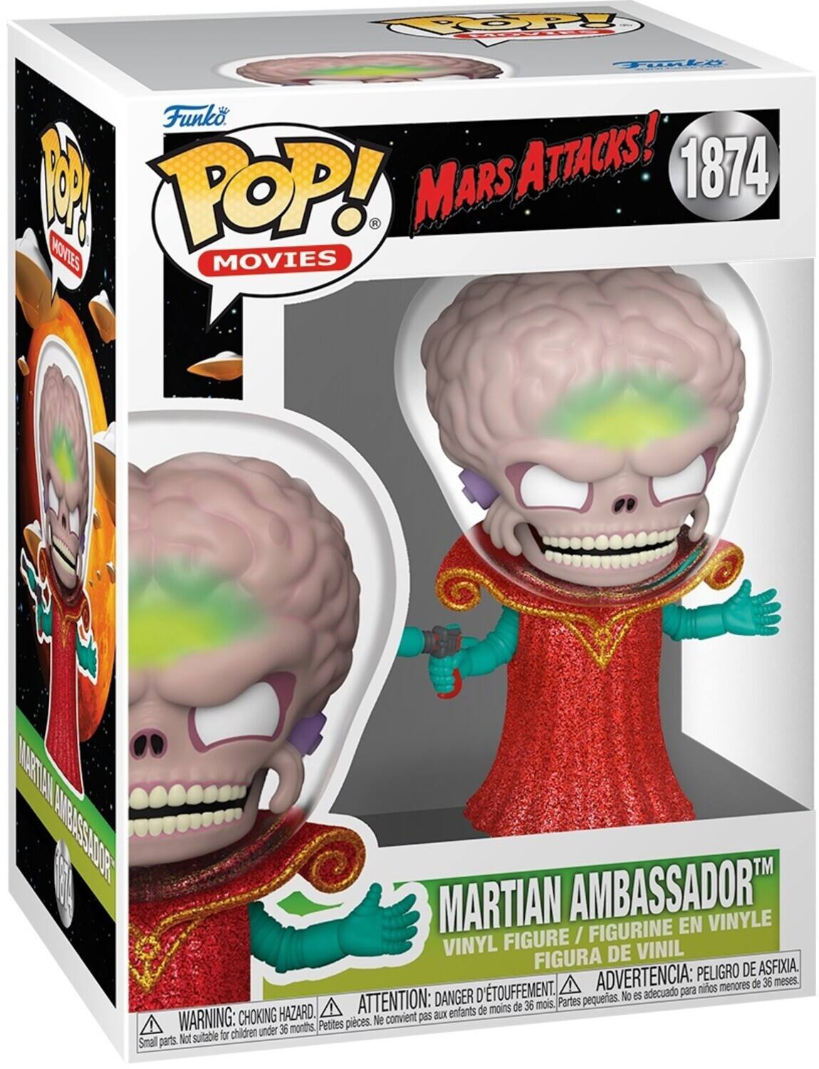 HOOP Tili d Funko M TOP! MARS ATTACKS! 1874 a MOVTES MOVIES MAATIAN  IAIBASSADOR MARTIAN AMBASSADOR VINYLE FIGURE / FIGURINE FIGURINE EN FIGURE / VINYL DE VINIL FIGURA DE ASFIXIA. ADVERTENCIA: PELIGRO meses. nios menores de 36 ATTENTION: DANGER D'TOUFFEMENT. Partes pequertas. No eS openoae para de moins de 36 mois. CHOKING HAZARD. convient pas auX enfants WARNING: under 36 months, Petites pieces. e Not suitable for children Small parts.