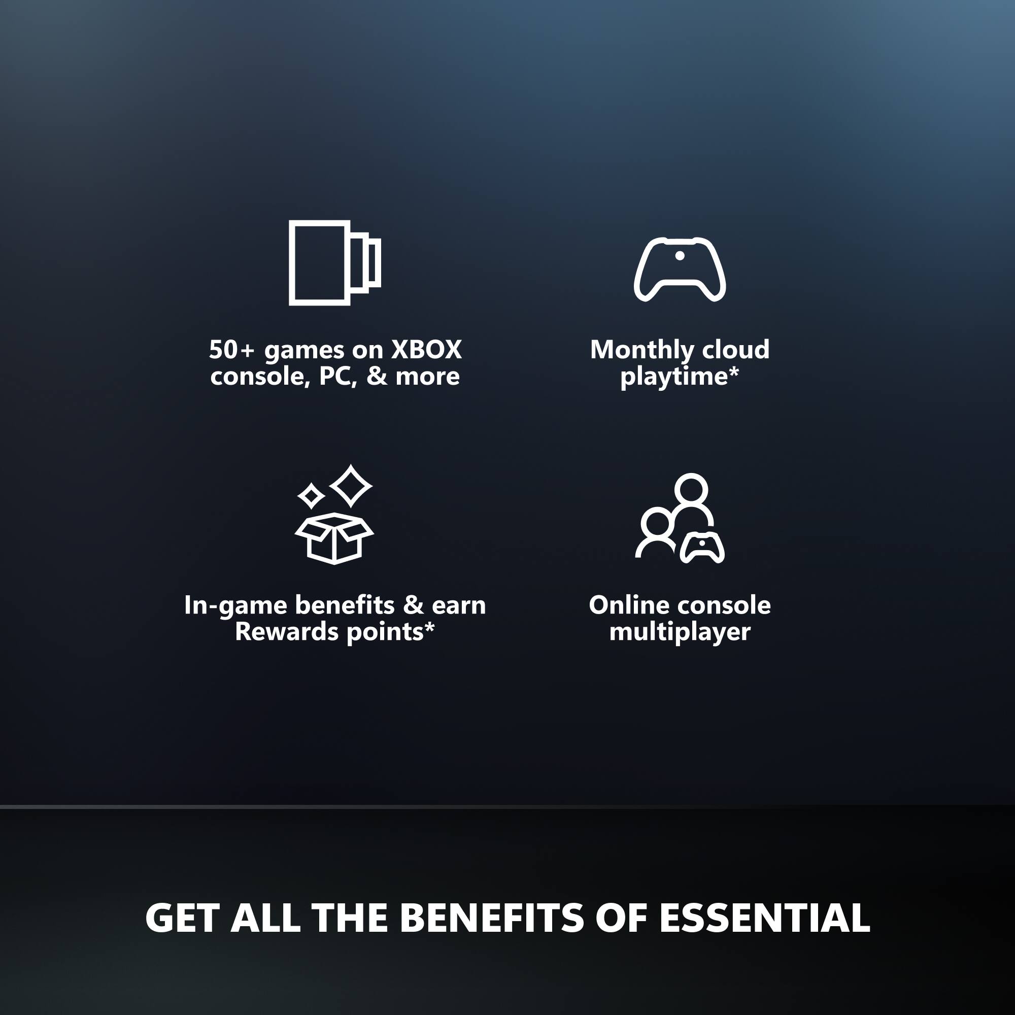 50+ games on XBOX console, PC, & more  
Monthly cloud playtime*  
In-game benefits & earn Rewards points*  
Online console multiplayer  

GET ALL THE BENEFITS OF ESSENTIAL