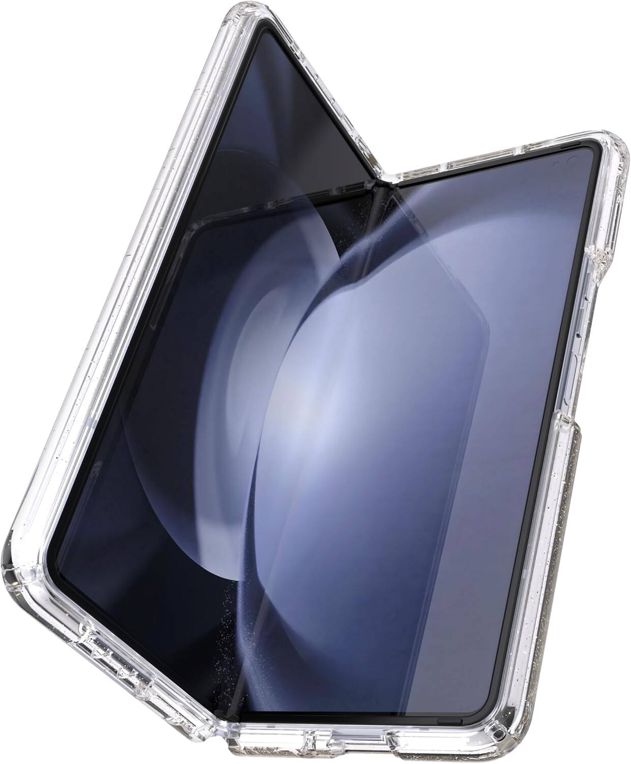 Angle. Speck - Speck Presidio Perfect-Clear Fold With Glitter Case - Samsung Galaxy Z Fold5 - Clear/Gold Glitter.