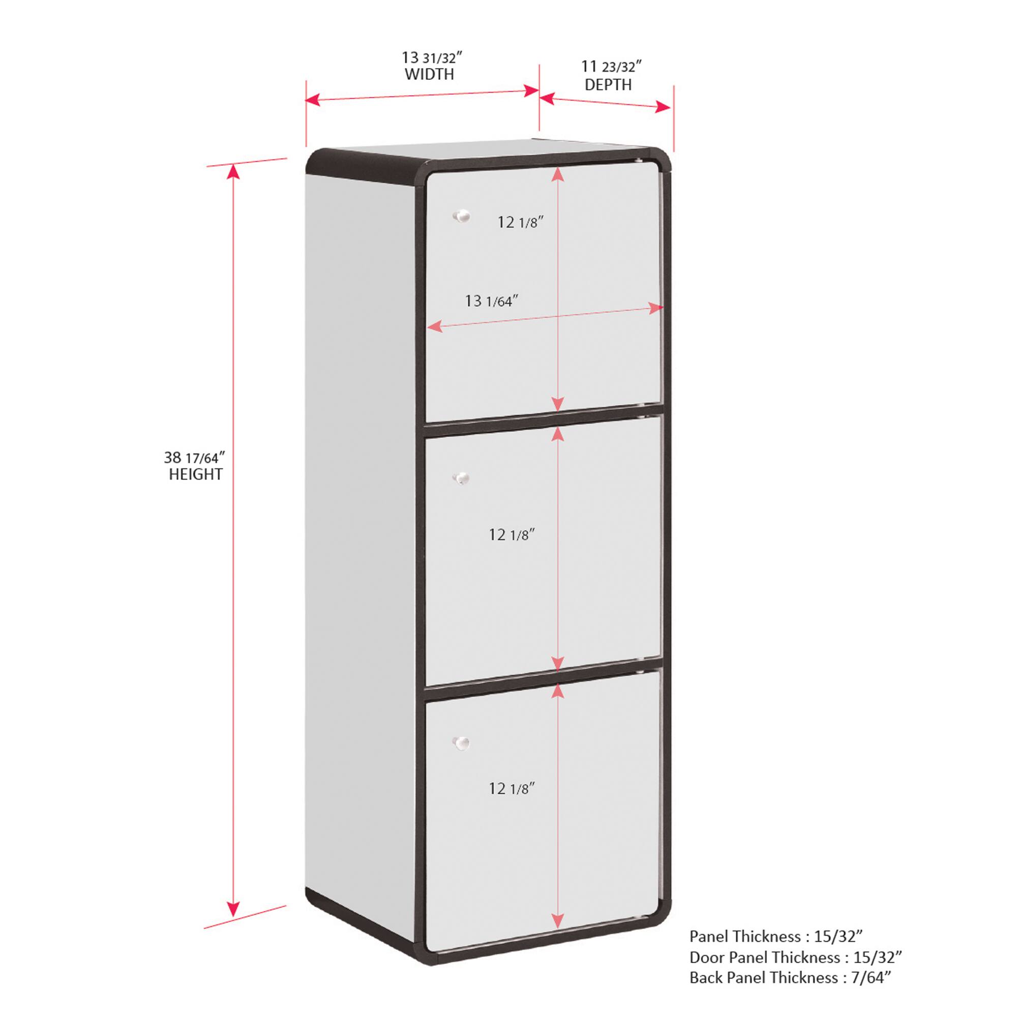 13 31/32" WIDTH  
11 23/32" DEPTH  
12 1/8"  
13 1/64"  
38 17/64" HEIGHT  
12 1/8"  
12 1/8"  

Panel Thickness: 15/32"  
Door Panel Thickness: 15/32"  
Back Panel Thickness: 7/64"