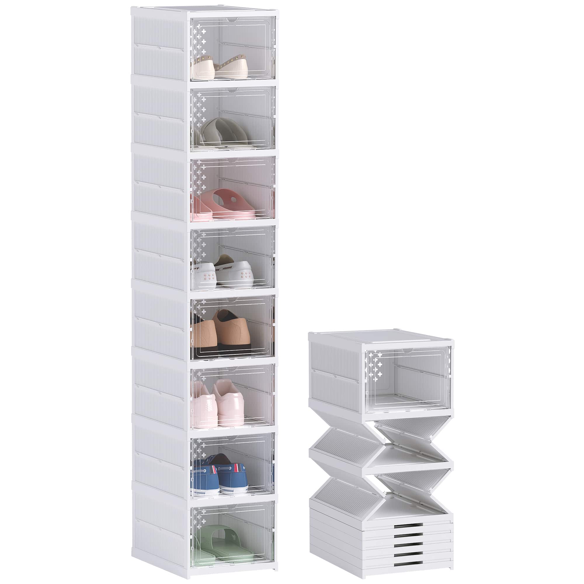 Homcom - 8 Pack Foldable Shoe Organizer, Plastic No Assembly Stackable Shoe Storage Box with Clear Door, Space Saving - White