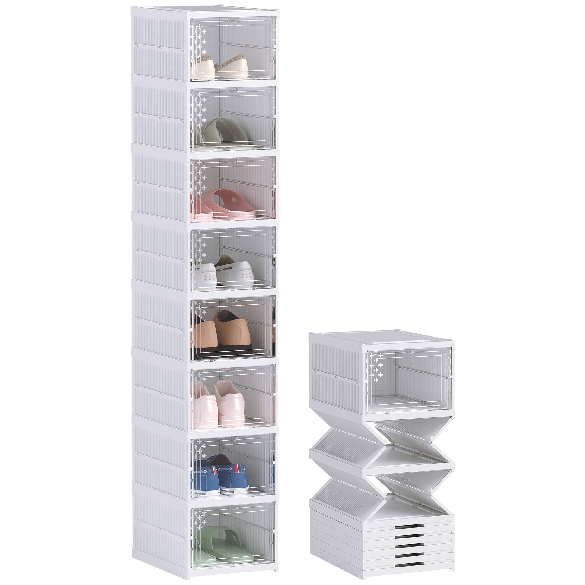Front. Homcom - 8 Pack Foldable Shoe Organizer, Plastic No Assembly Stackable Shoe Storage Box with Clear Door, Space Saving - White.