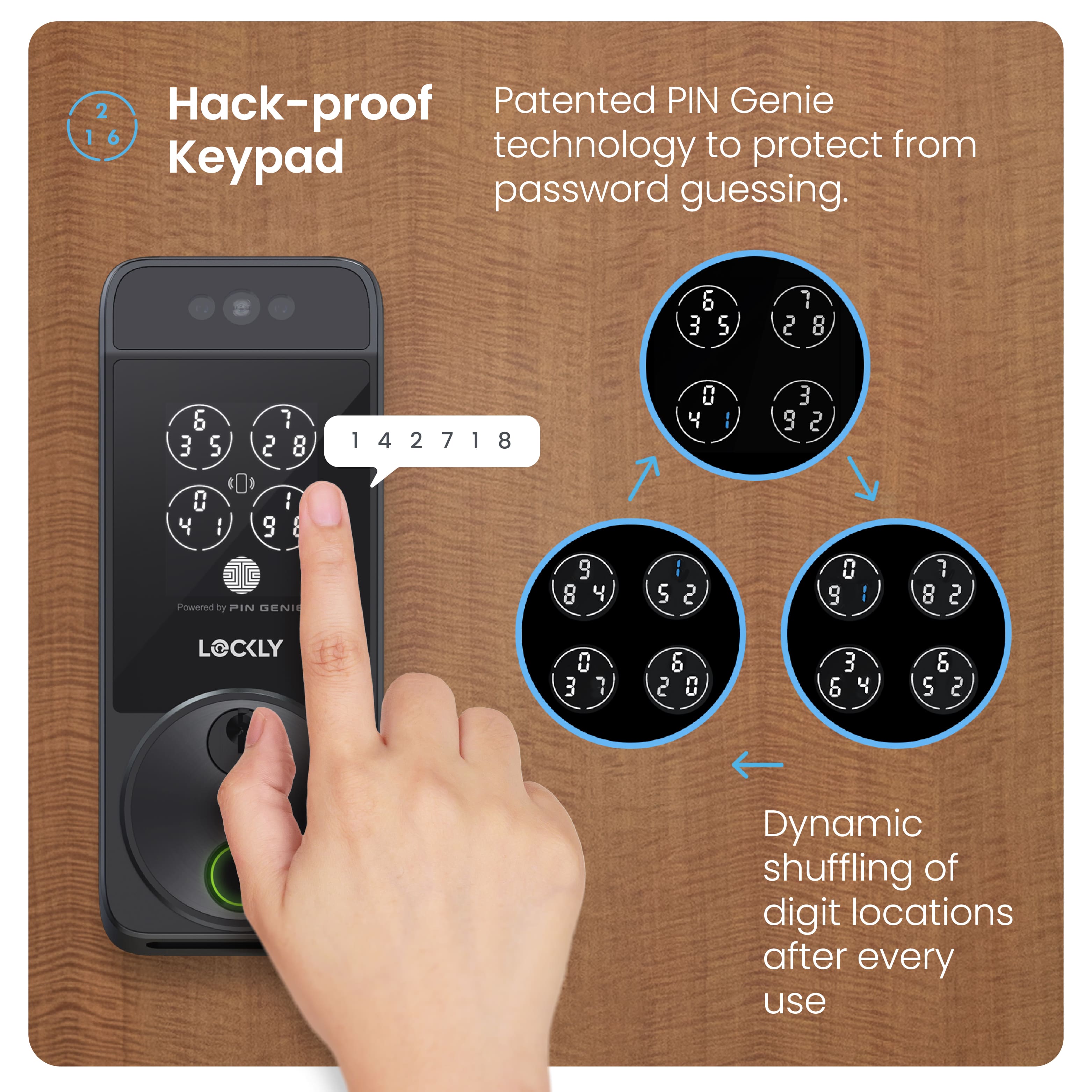 Hack-proof Patented PIN Genie Keypad technology to protect password guessing. 6 3 S 7 2 8 6 7 3 S 2 8 0 0 I 4 9 Powered by PIN GENI 1 4 2 7 1 8 9 8 4 7 S 0 Y I 2 I 3 9 2 0 9 I 7 8 2 LOCKLY 0 3 7 6 2 0 3 6 4 & S 2 Dynamic shuffling of digit locations after every use.