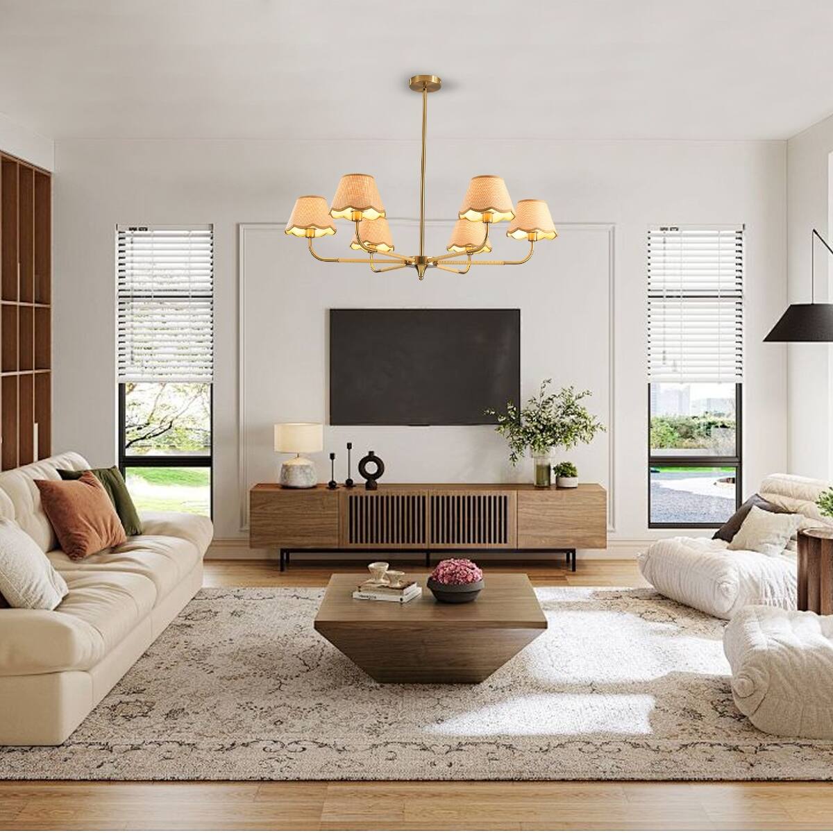 Left. Loheer - Loheer Gold Six Light Chandelier with Handwoven Rattan Shades for Dining Room.