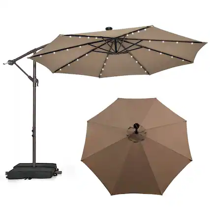 Front. Costway - Patio 10FT Hanging Offset Umbrella 32 LED Lights Sand Bag Outdoor Cross Base - Coffee.