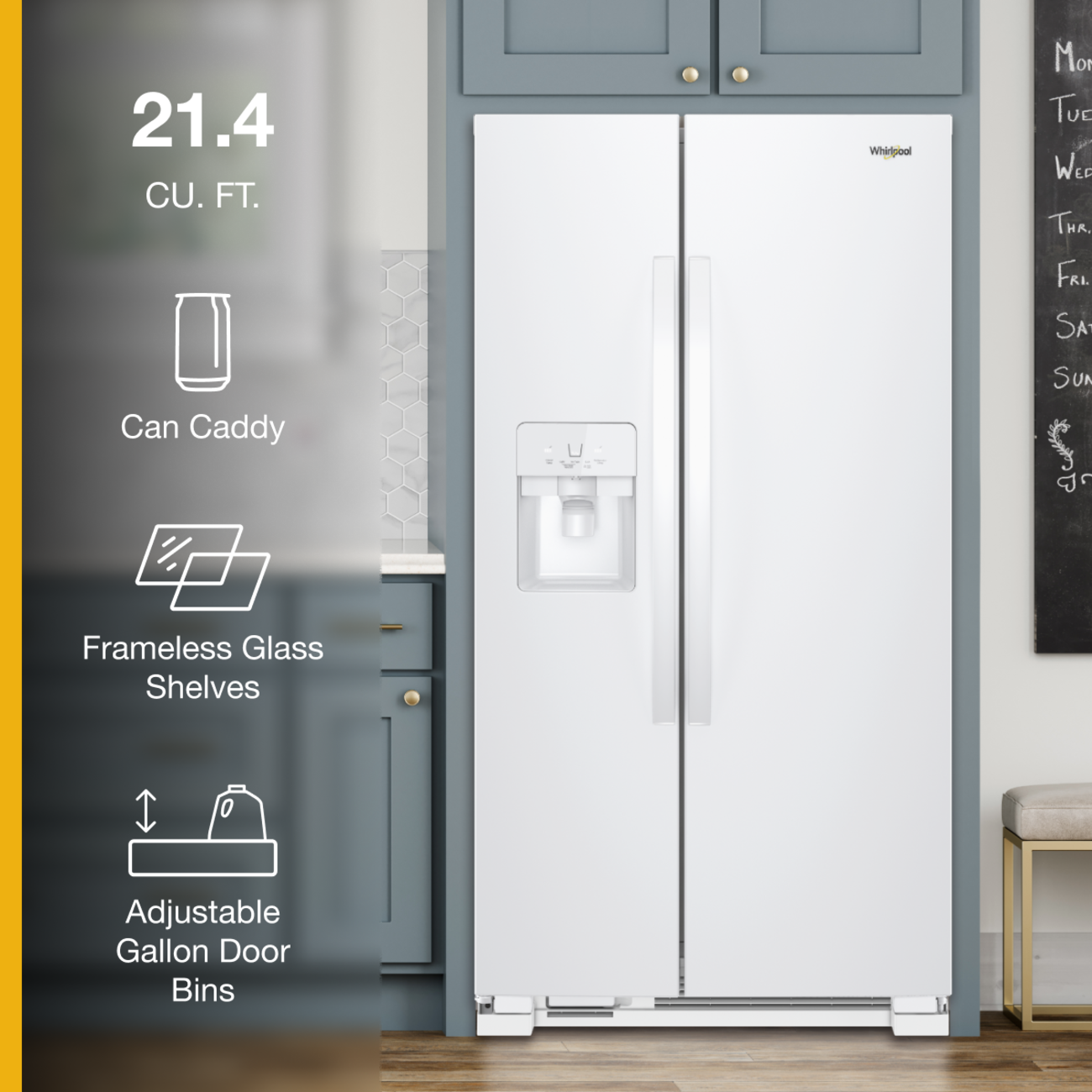 21.4 CU. FT. Can Caddy, Whirisool, Frameless Glass Shelves, Adjustable Gallon Door Bins