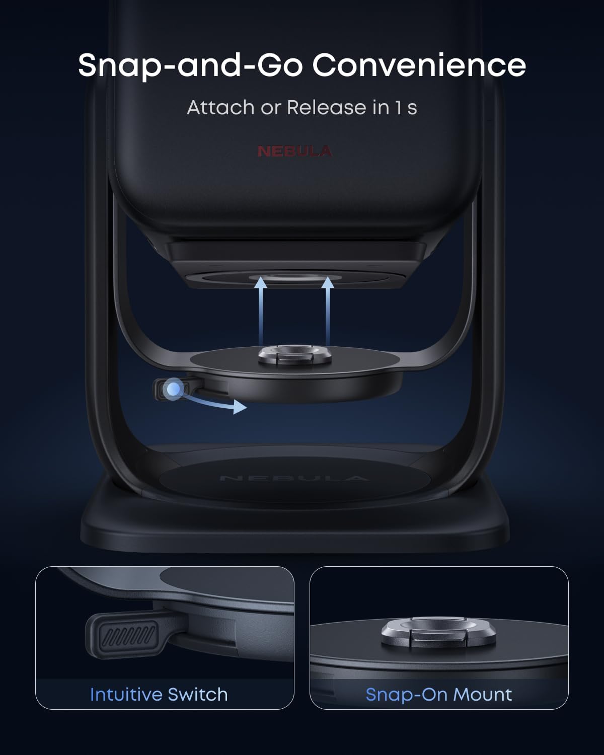 Snap-and-Go Convenience  
Attach or Release in 1s  

NEBULA  

Intuitive Switch  
Snap-On Mount