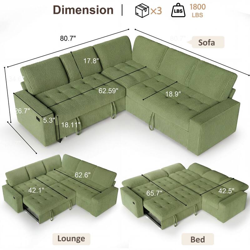 Dimension  
Sofa: 80.7" x 62.59" x 17.8" x 18.9"  
Lounge: 62.6" x 42.1" x 5.3" x 18.11"  
Bed: 65.7" x 42.5"  
Weight: 1800 LBS
