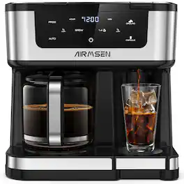 AIRMSEN - 12-Cup Drip Coffee Maker with K Cup, Programmable, 1-4 Cup, Single Serve/Pot, Auto Shut-off, Spill-Free - Black