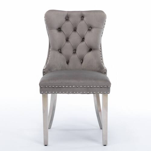 Left. LUCKY ONE - Assembled Tufted Velvet Dining Chair Set of 2 with Chrome Stainless Steel Legs Nailhead Trim - Gray.