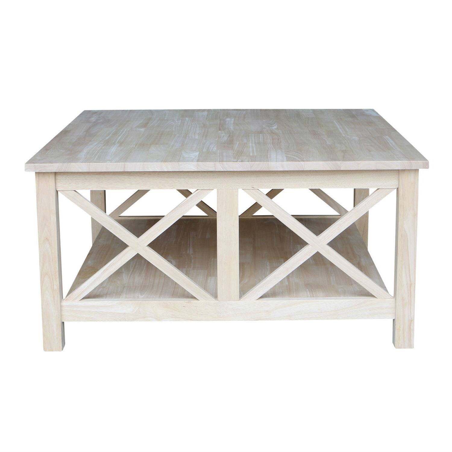 Angle. Hivvago - Square Unfinished Solid Wood Coffee Table with Bottom Shelf - White.