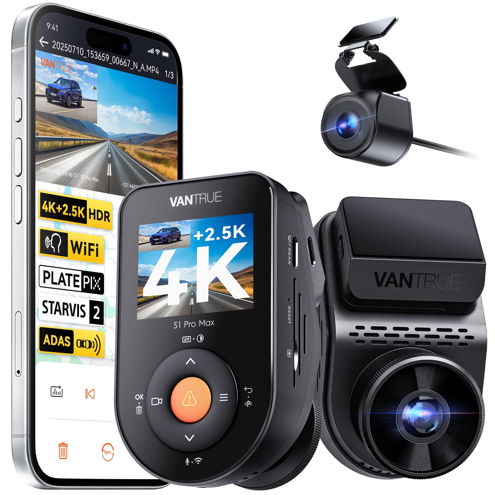 Vantrue - S1 Pro Max 4K+2.5K Front&Rear Dashcam, ADAS & BSD, Dual STARVIS 2, Night Vision, Parking Mode, 5G WiFi&GPS - Black