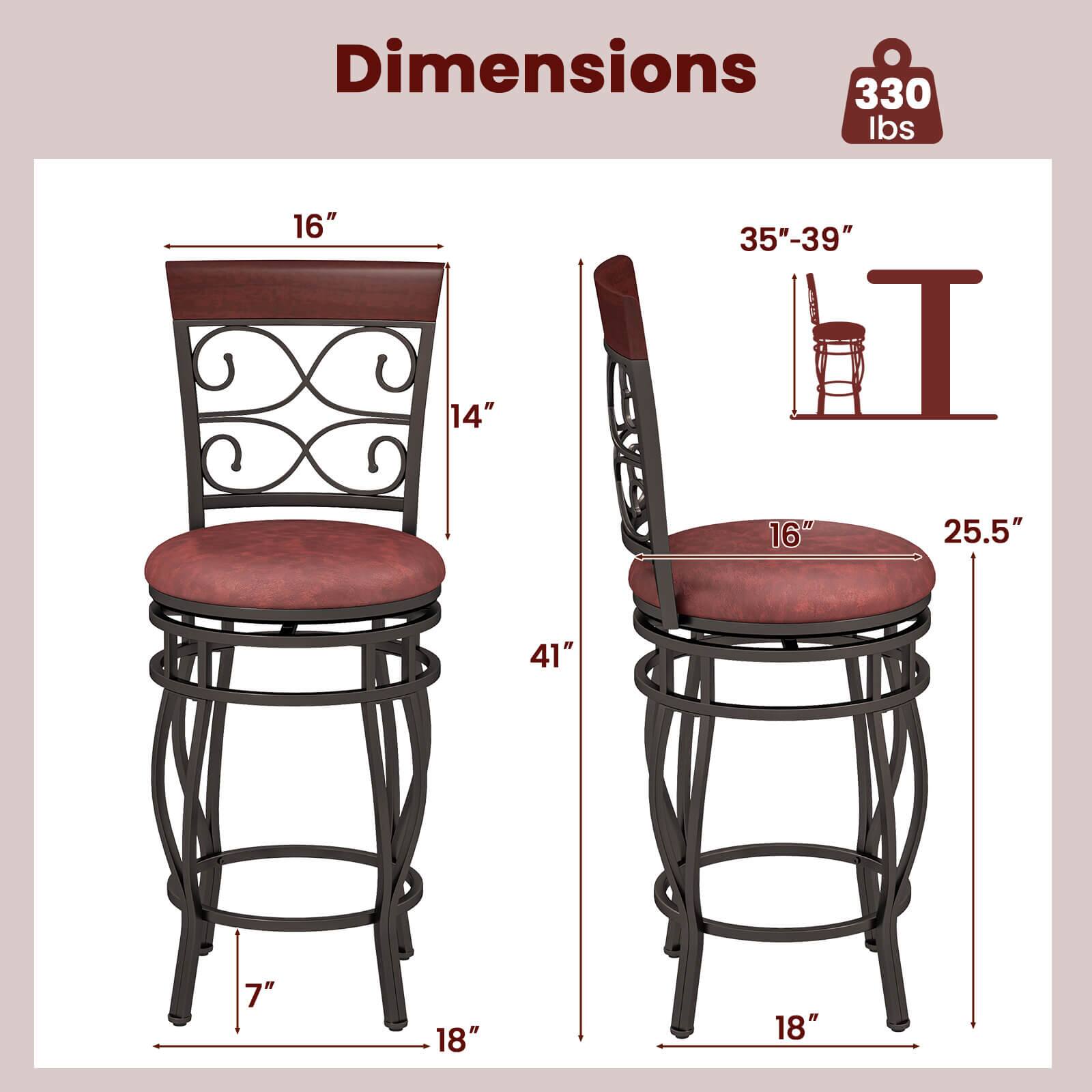 Dimensions: 330 lbs, 16" x 14" x 35"-39" H, 16" x 25.5" x 41" x 7" x 18" x 18".
