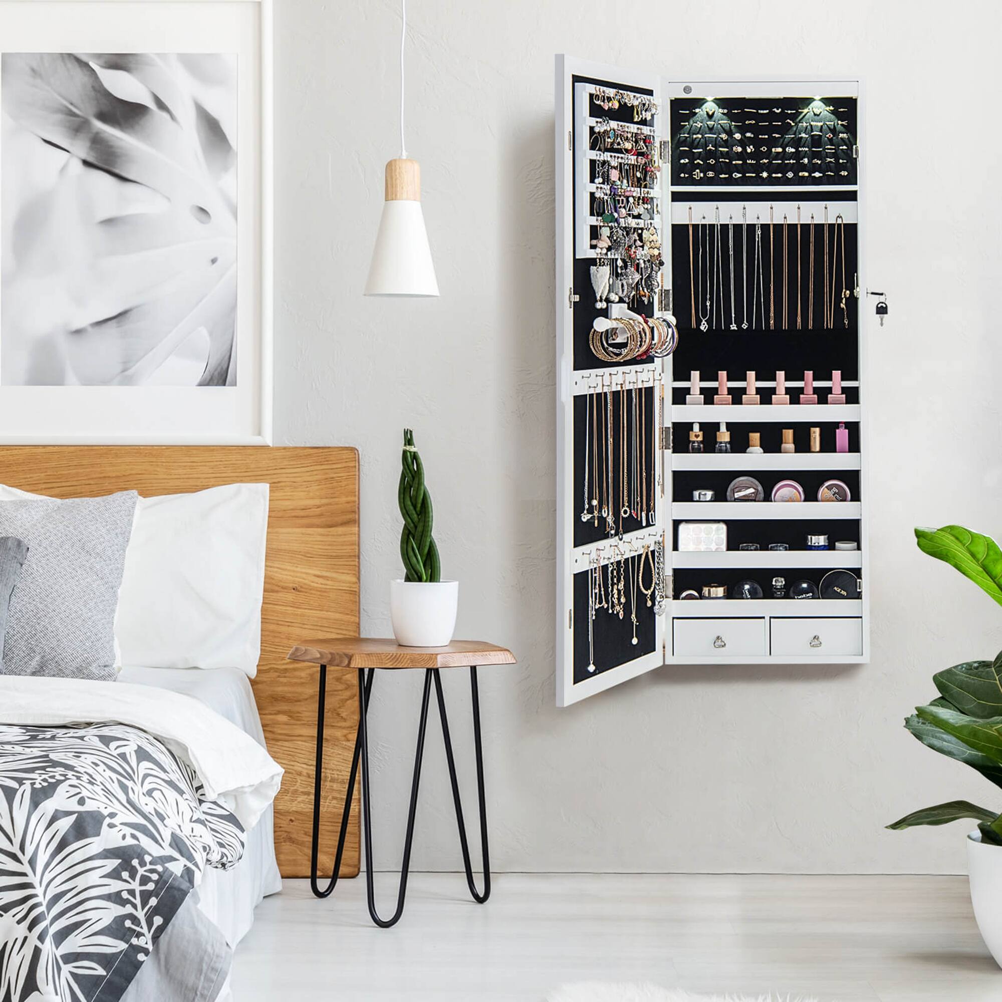 Alt View 12. Costway - Mirror Jewelry Cabinet with Full Length Clear Mirror & Internal LED Lights Hooks - White.